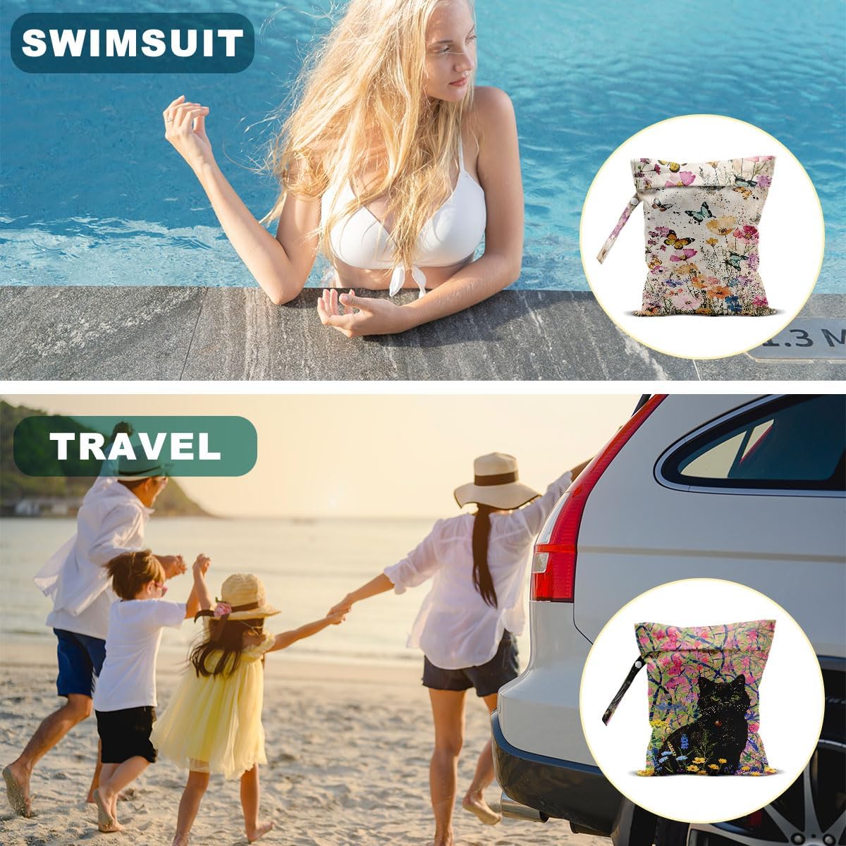 2Pcs Wet Bags, Cat Lover Gifts Wet Dry Bag Reusable for Swimsuit, Travel, Diapers, Beach, Dirty Yoga Gym Clothes, Toiletries, Makeup Bag, Waterproof Butterfly Cat Floral Print Birthday Christmas Gifts