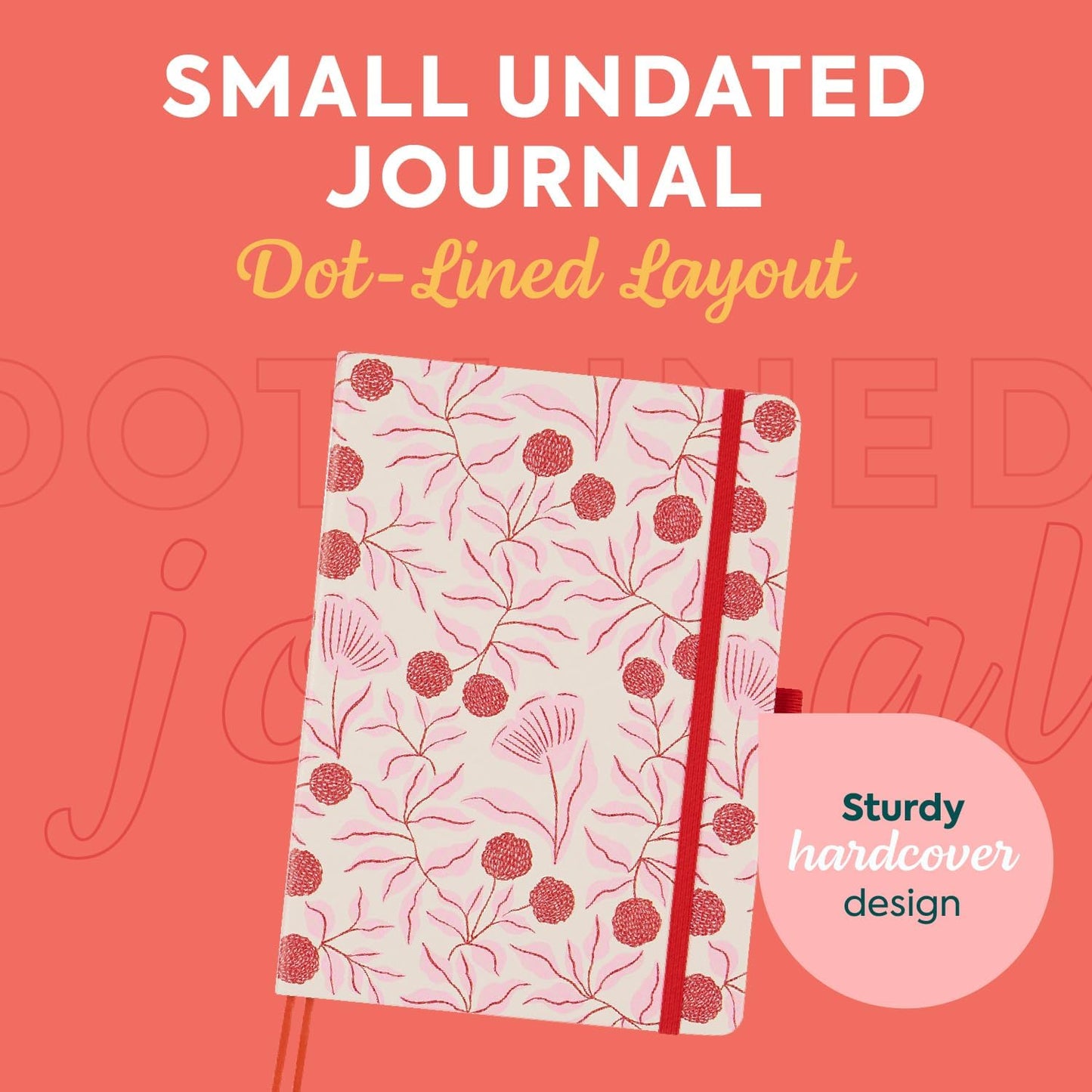 Happy Planner Small Undated Book-Bound Journal with 80 Pages of Thick 100 GSM Paper, A5 Size, Dot-Lined Layout, Feathered Floral