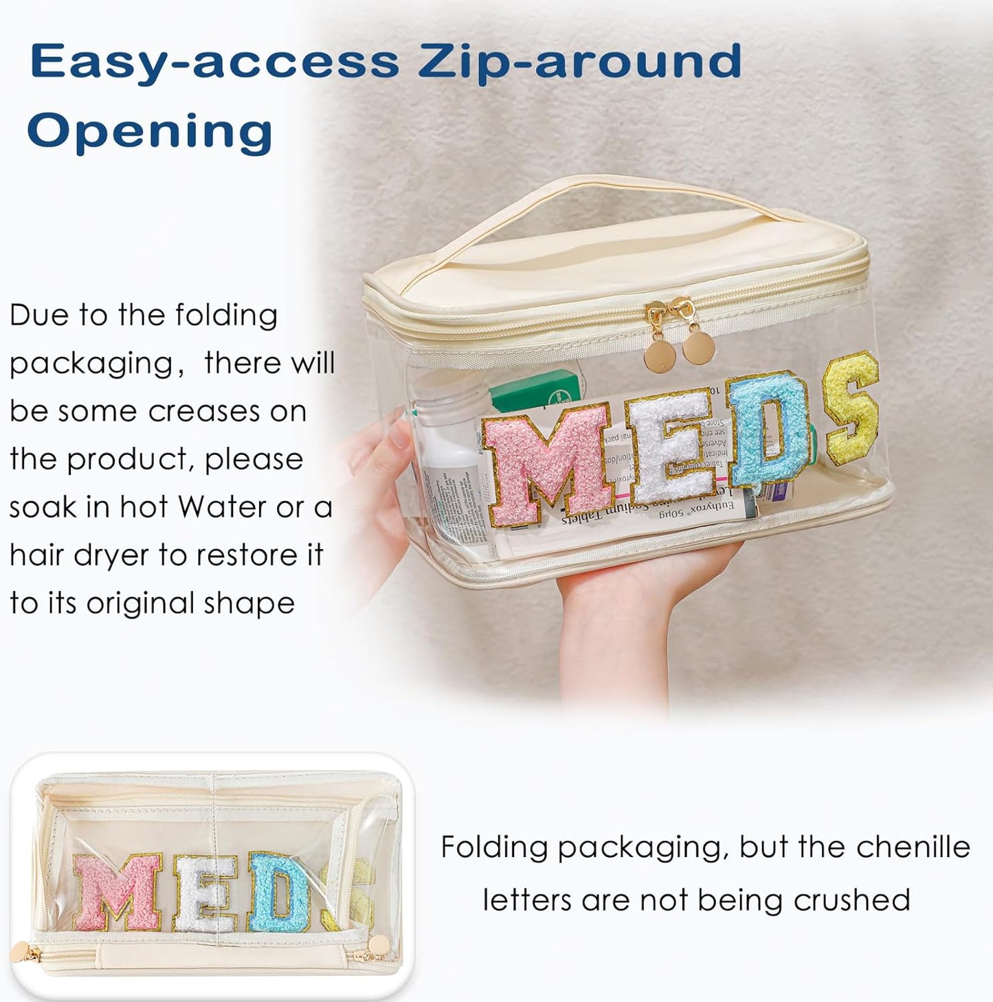 Chenille Letter Clear Medicine Makeup Bag, Large Size Waterproof Nylon Cosmetic Toiletry Storage bag with Top Handle, Transparent Meds First Aid Travel Organizer Cosmetic Bag(03Beige)