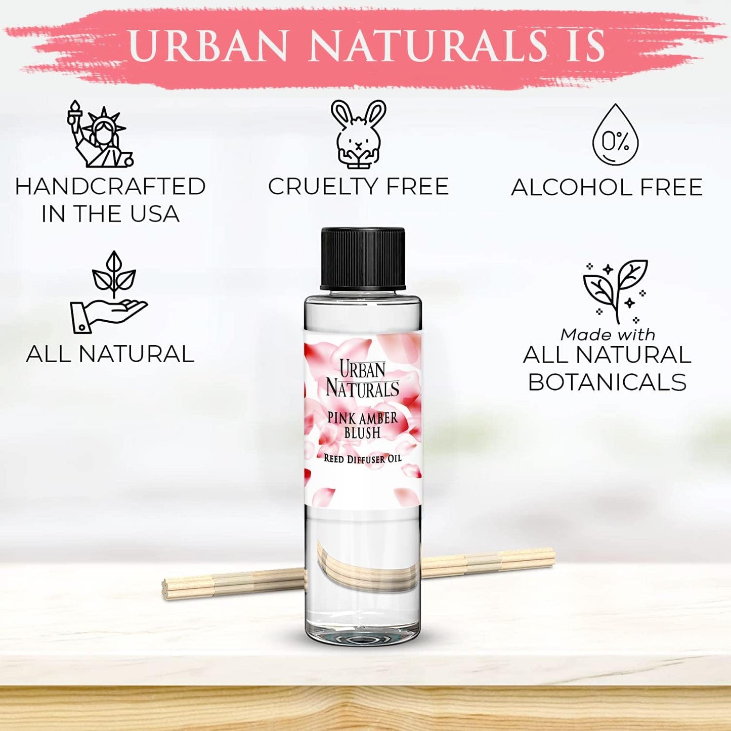 Urban Naturals Reed Diffuser Oil Refill, Pink Amber Blush Fragrance Oil with Florals, Fruits, Vanilla, 4 oz + Free Reed Sticks, Made in The USA