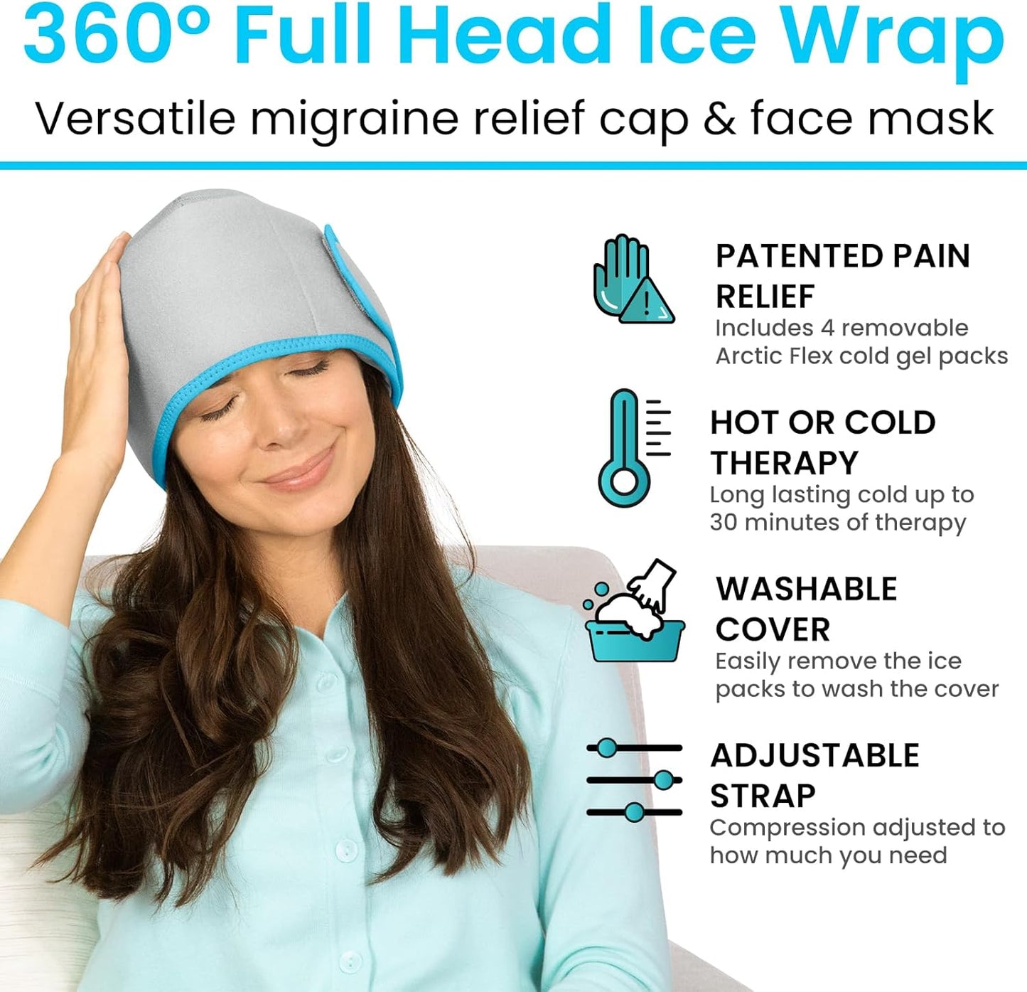Vive Migraine Relief Cap - Hot & Cold Compression Hat for Headache - Full Head Ice Wrap Beanie & Eye Mask for Tension & Pressure Relief - Cooling Headband - Reusable & Flexible Soft Gel Packs