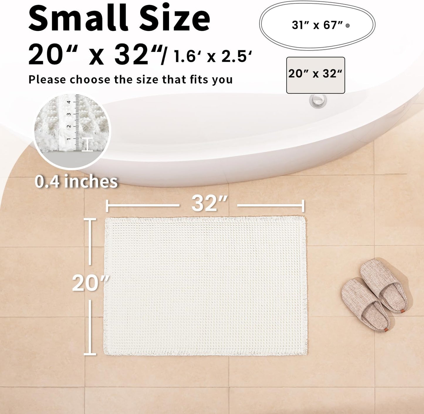 White Bathroom Rugs, Waffle Bath Mat Non Slip Washable, Super Absorbent & Quick Dry, Boho Bath Mat Farmhouse Bathroom Decor, 20'' x 32'', White