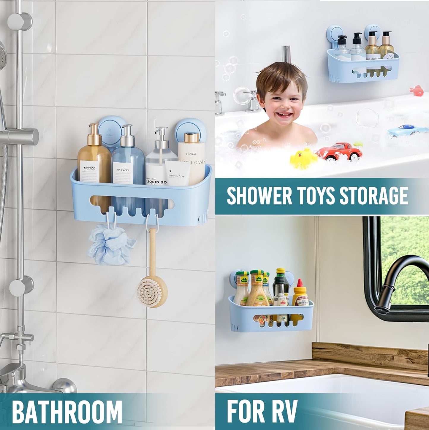 TAILI Shower Caddy Suction Cup, Heavy Duty Bathroom Organizer, Removable Shelves for Inside Shower, Shampoo, Waterproof Suction Plastic Storage for Bathroom Accessories Holder, Blue