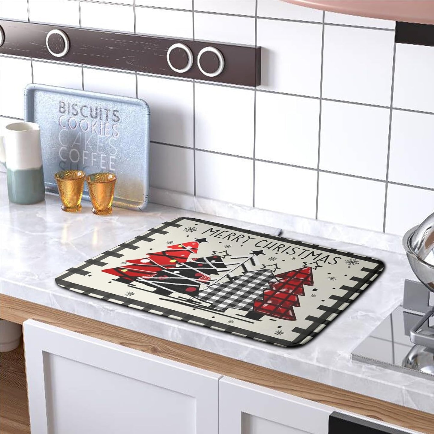 Merry Christmas Dish Drying Mats for Kitchen Counter 16x18 Buffalo Plaid Christmas Tree Microfiber Absorbent Drying Mat Seasonal Winter Holiday Drying Pad Dish Drainer Mat for Coffee Bar Sinks