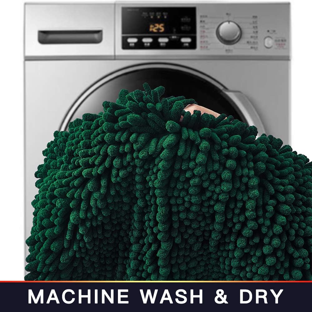 Walensee Bathroom Rug 2 Pieces Set Non Slip Bath Mat (20"x32" Plus 20"x24" U Hunter Green) Water Absorbent Super Soft Shaggy Chenille Machine Washable Dry Extra Thick Perfect Carpet for Shower Floor