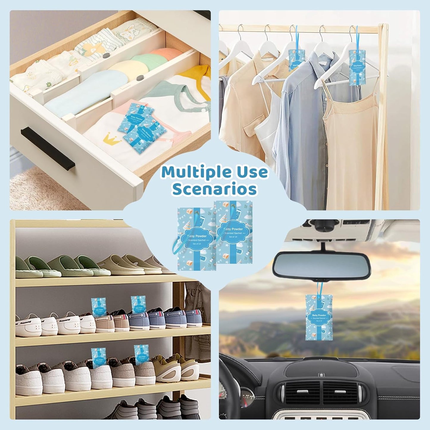 SCENTORINI Scented Sachets for Drawers and Closets, Baby Powder Scent 14 Pack, Long-Lasting Sachets Bags Wardrobe Freshener, for Drawers, Closets, Cars
