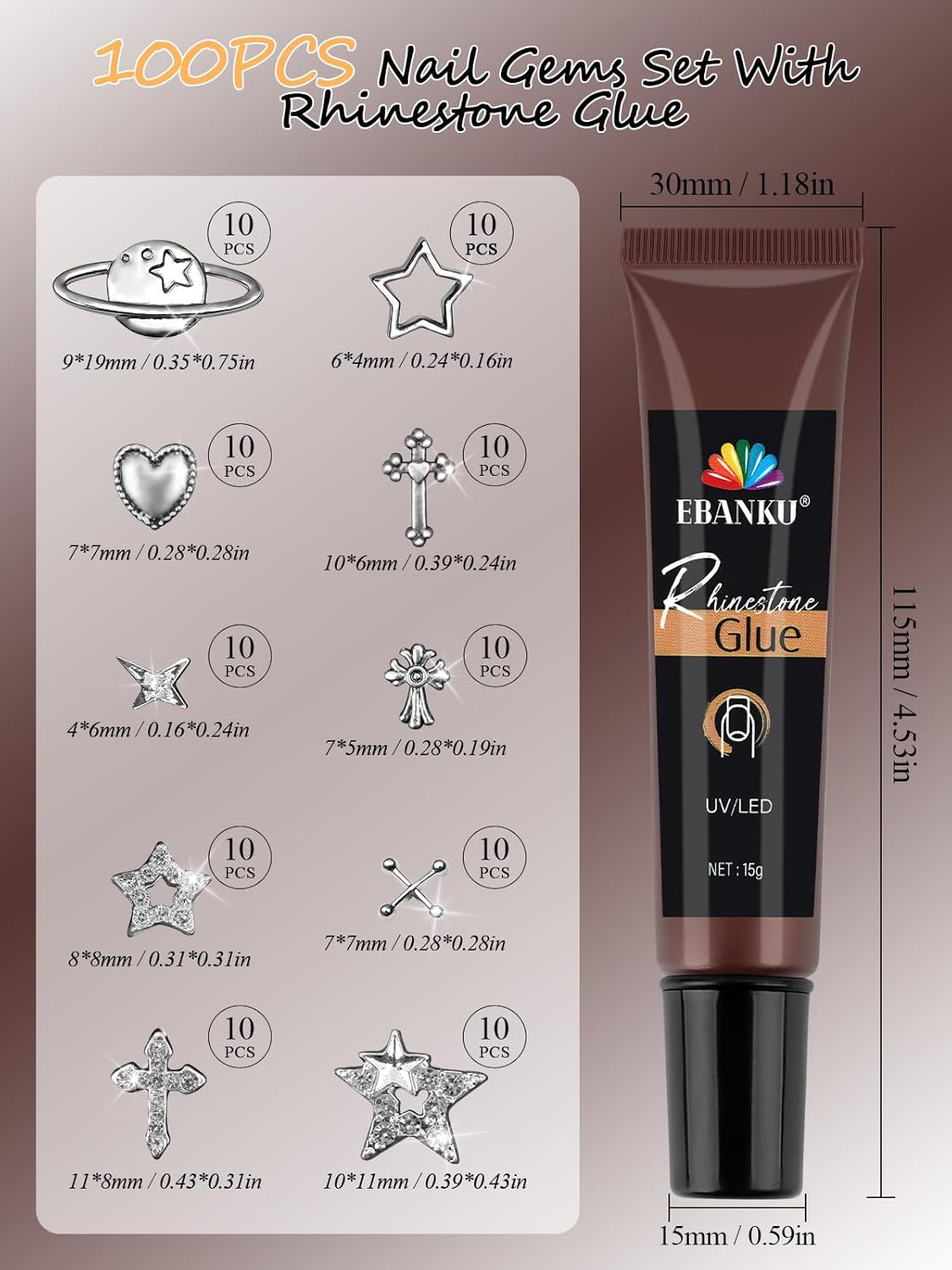 EBANKU Nail Charms for Nails, 100 PCS Nail Charms Y2K Bulk Set with 15g Nail Rhinestones Glue, Star Heart Planet Cross Alloy Nail Gems 3D Silver Stars Nail Jewels Accessories for Acrylic Nails