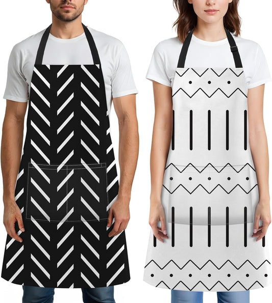 Britimes 2 Pack Aprons, Boho Stripe Adjustable Bib Aprons with 2 Pockets for Women Men Couple Lovers Chef Home Kitchen Cooking Baking Gardening Black and White Apron 32x28 Inches