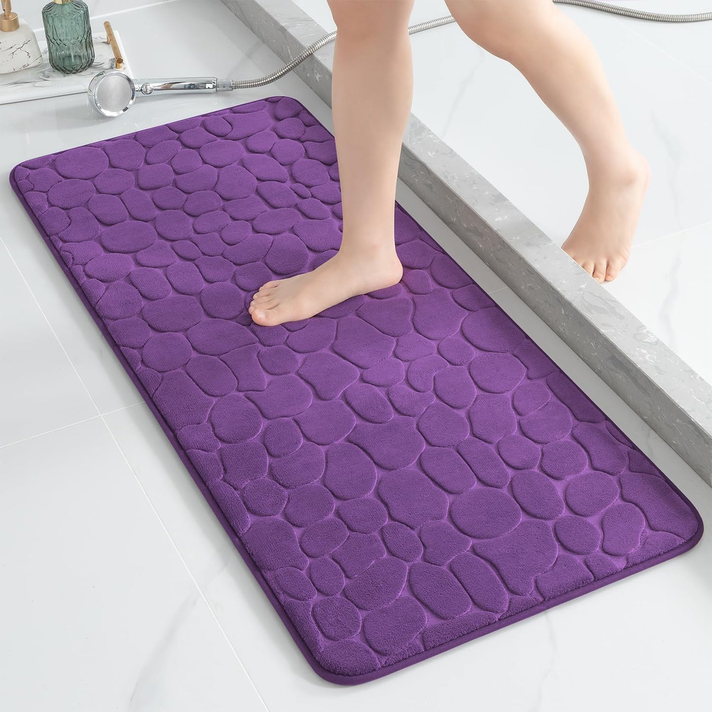 YIHOUSE Memory Foam Runner Rug, Cobblestone Bathroom Runner Rugs Super Water Absorbent Bath Mats for Bathroom Machine Washable Bath Rugs Runner for Hallway Bedroom Laundry Room(20 x 47,Eggplant)