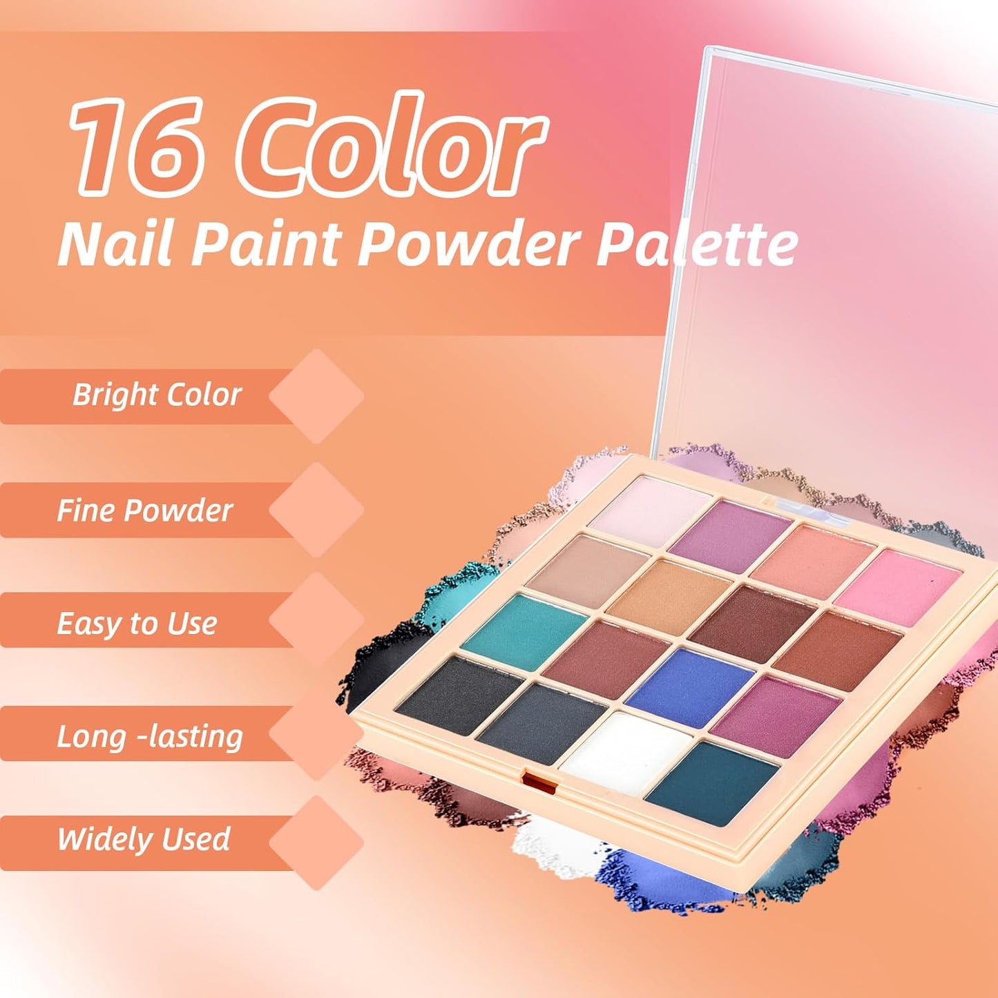 Nail Pigment Powder Palette Set, 16 Colors Ombre Nail Powder Palette with 100pcs Sponges & Tweezers French Aura Nails Ombre Nail Brush Nail Long-lasting Manicure Art DIY Accessories