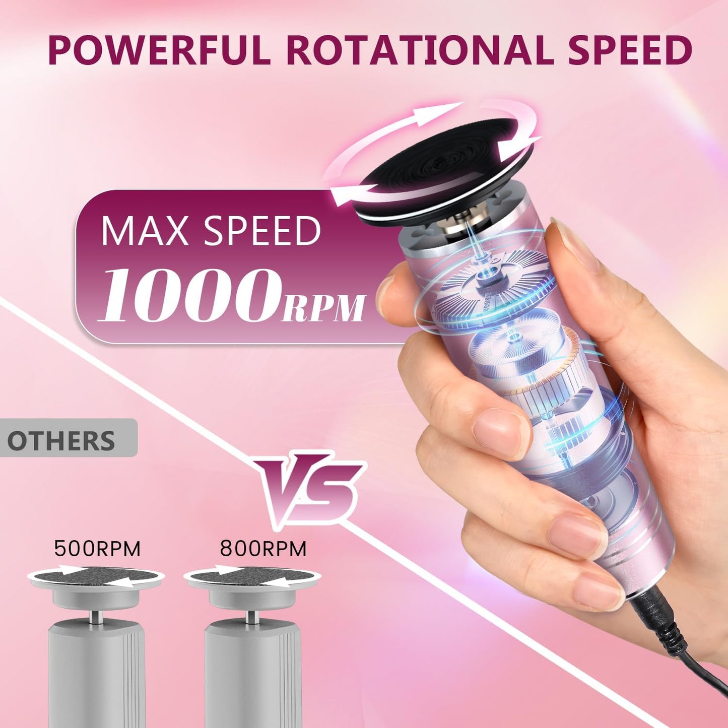 krofaue 1000RPM Electric Foot Callus Remover - Stepless Speed Control Foot Sander with 60pcs Replacement Sandpaper Disk, Electric Foot File Professional Pedicure Tool for Women Dead Cracked Hard Skin