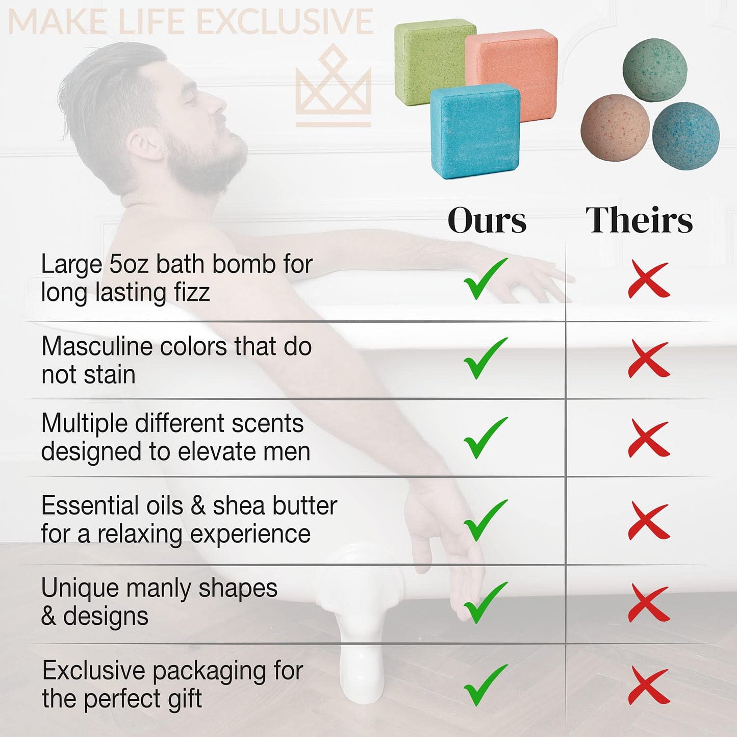 Bath Bombs for Men, Block Shape, Gifts for Men, 8 Large 5oz Bombs, 100% Natural Products & Essential Oils, Soak in, Bubble Bath