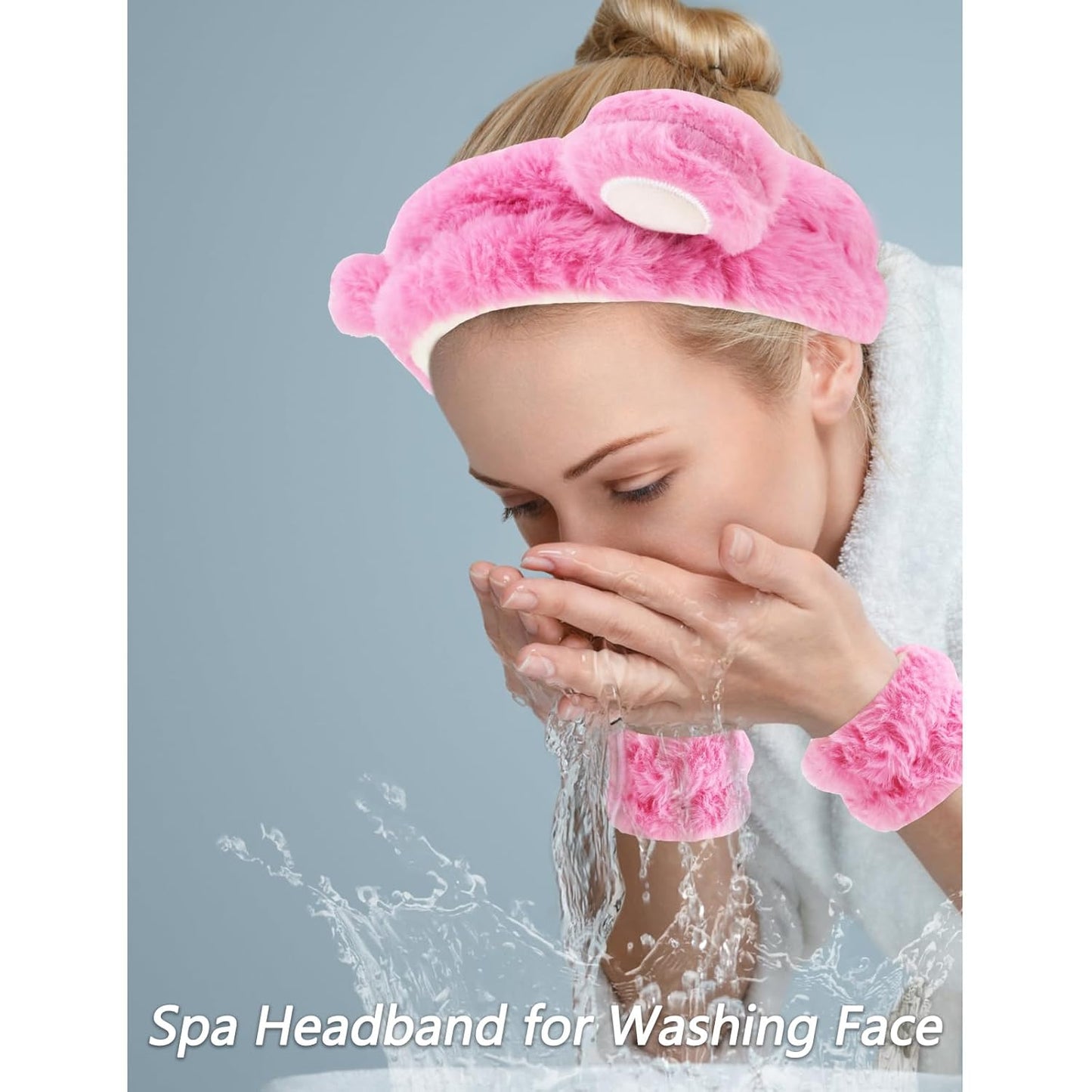 VELSCRUN Spa Headband, Makeup Face Wash Skincare Headbands, 5 Pcs Sponge Get Ready Bear Ears Hairband Facial Wristband Hair Clip Set, Stuff for Teen Girls Women Trendy Fashion Hair Accessories Pink