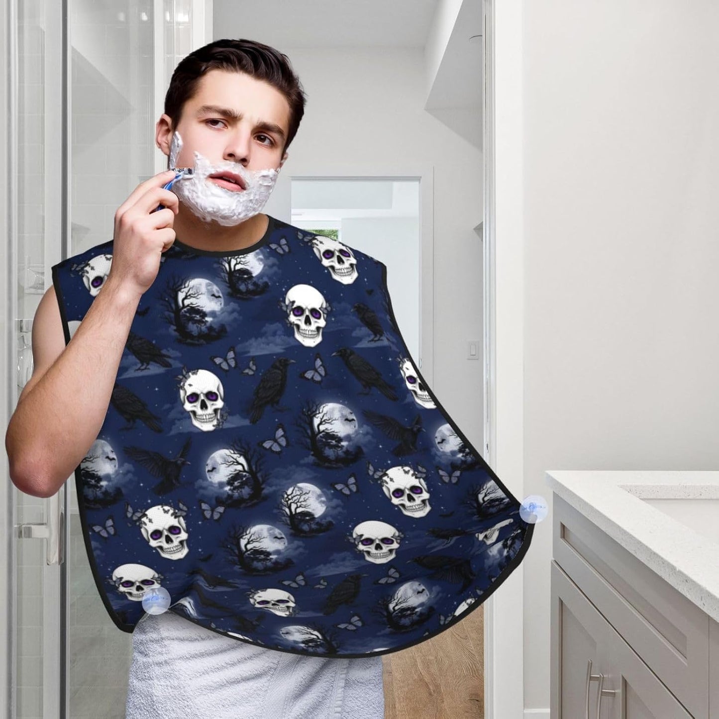 Ultimate Shaving Bib, Beard Trimming Apron with Hair Catcher, Halloween Full Moon Raven Goth Skulls