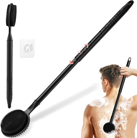 Adjustable Silicone Back Scrubber for Shower, 16''-24'' Extendable Shower Back Scrubber for Rich Foam, 5-Length Back Brush Bath Brush with Dual-Side Head and Super-Lathering Bristles(Black)