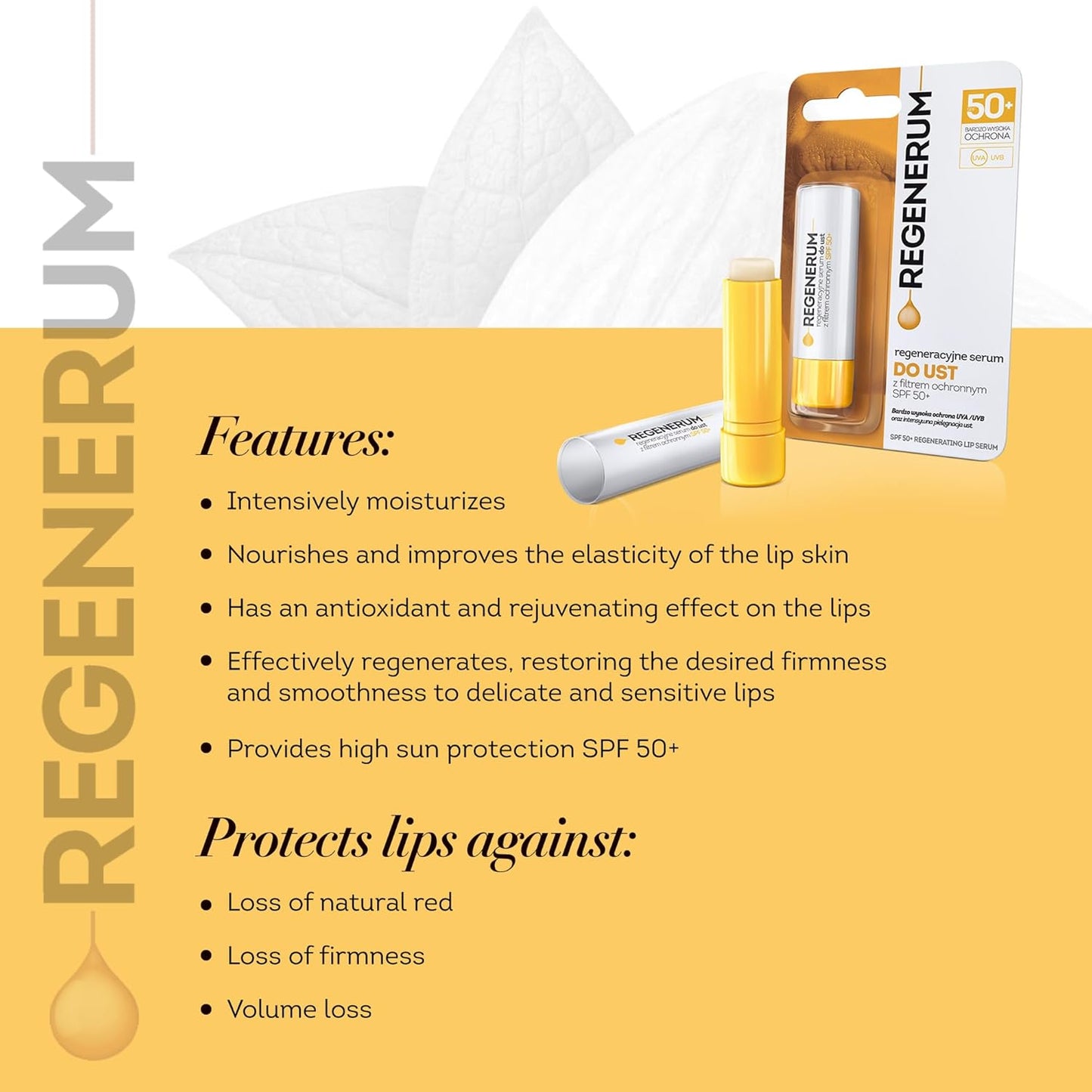 SPF 50+ Regenerating Lip Serum - Sunscreen and Conditioner, Hydrating and Nourishing Vitamin E Prevents Dryness and Pigment Loss - 5g
