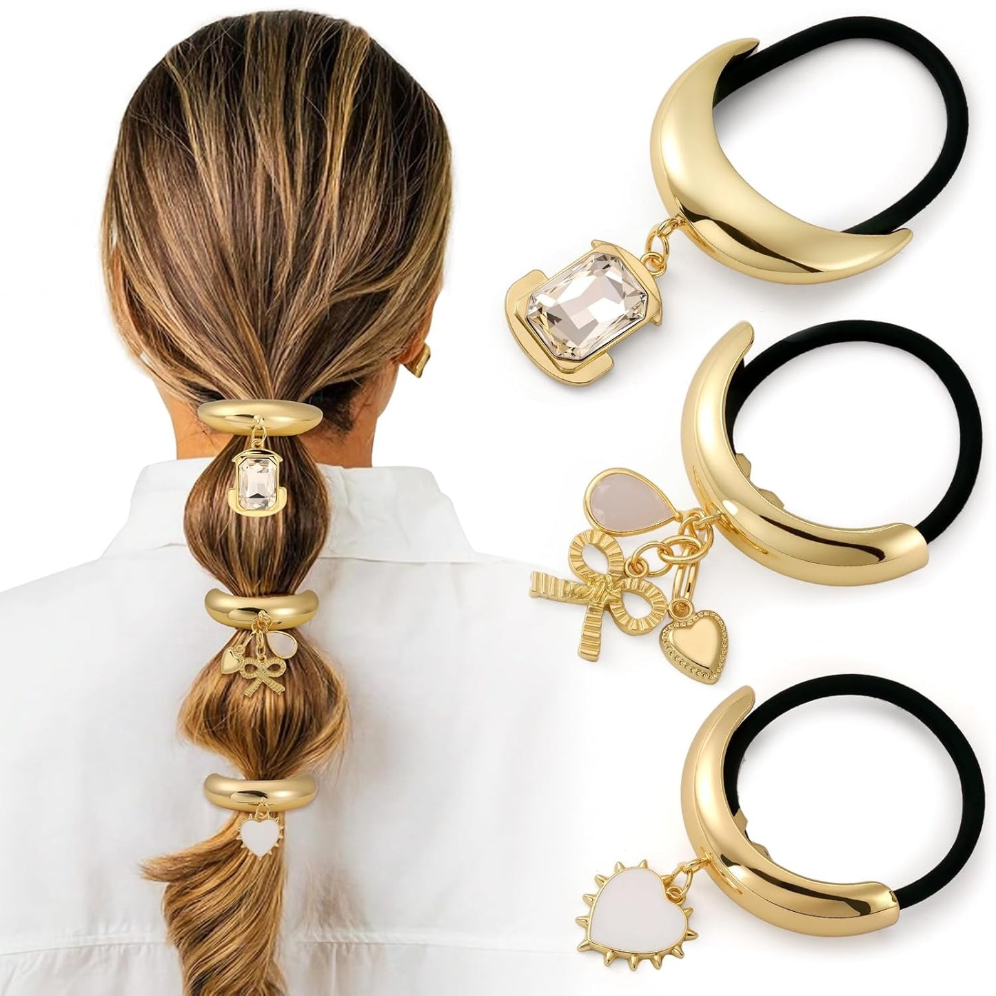 3PCS Gold Hair Ties, Metal Hair Ties for Thick Hair, Gold Ponytail Cuff Elegant Durable Geometric Design, Hair Accessories for Women, Stretchy & Non Damage Ponytail Holders with Pendant Holiday Gifts