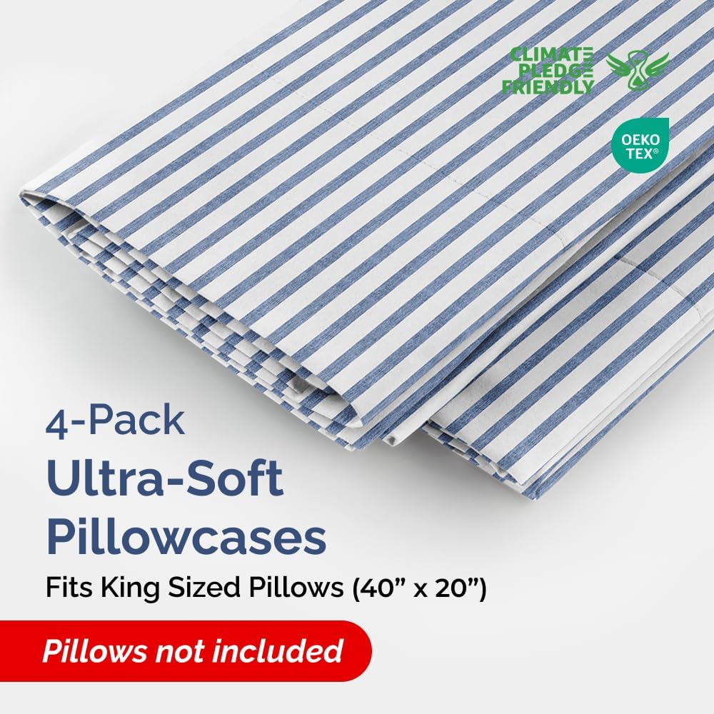 King Pillow Cases Set of 4 - Ultra Soft Hotel Quality Pillowcase Covers - Comfy, Cozy & Wrinkle Free - Shrinkage and Fade Resistant - Machine Washable Pillow Protectors - 4 Piece Set - Blue Stripes 2