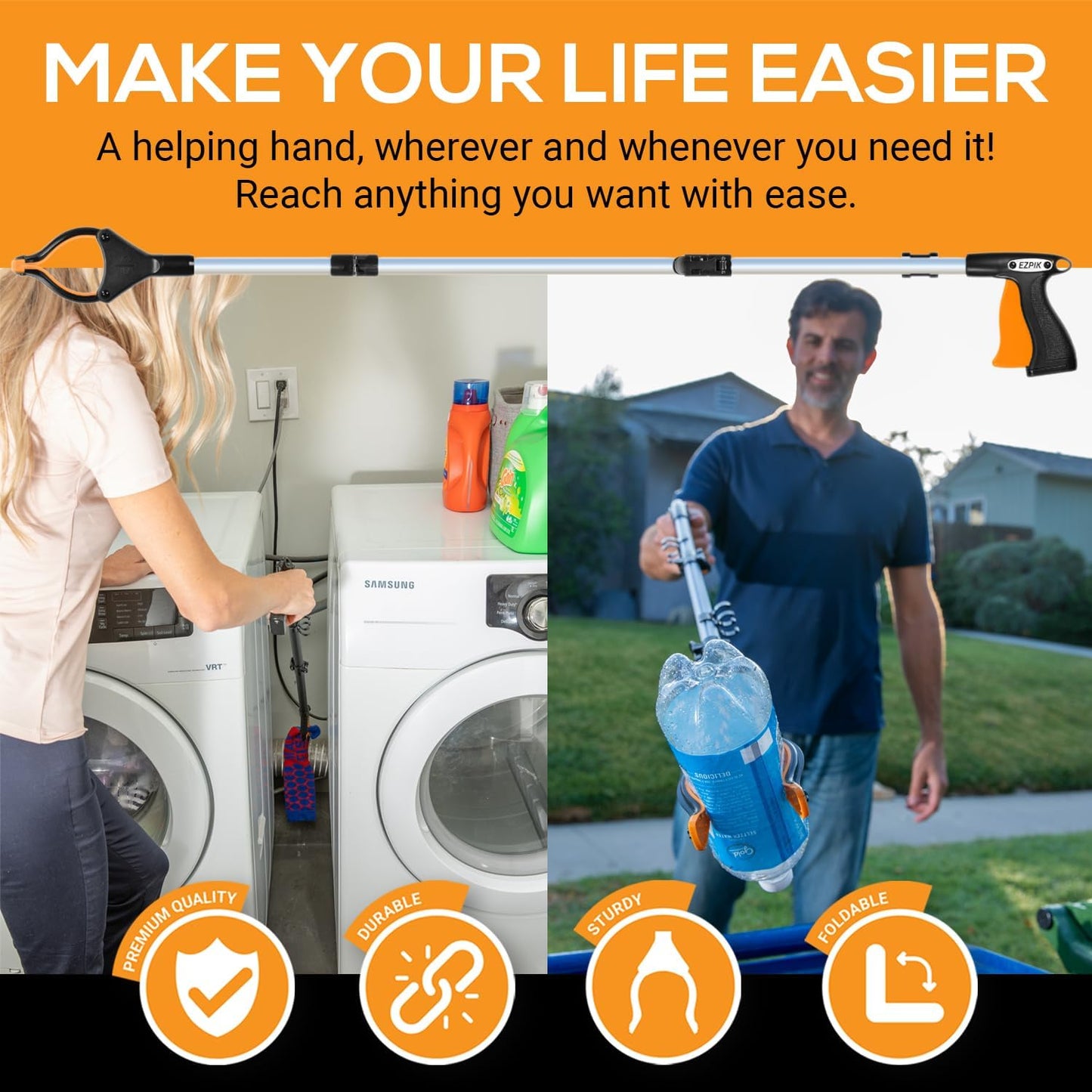 EZPIK Pro 43" Foldable Grabber Reacher Tool for Seniors - Grabbers for Elderly Reaching Tool Heavy Duty Pickup Trash Picker Upper Equipment - Claw Grabber Stick for Reaching Aids, Weed Gripper