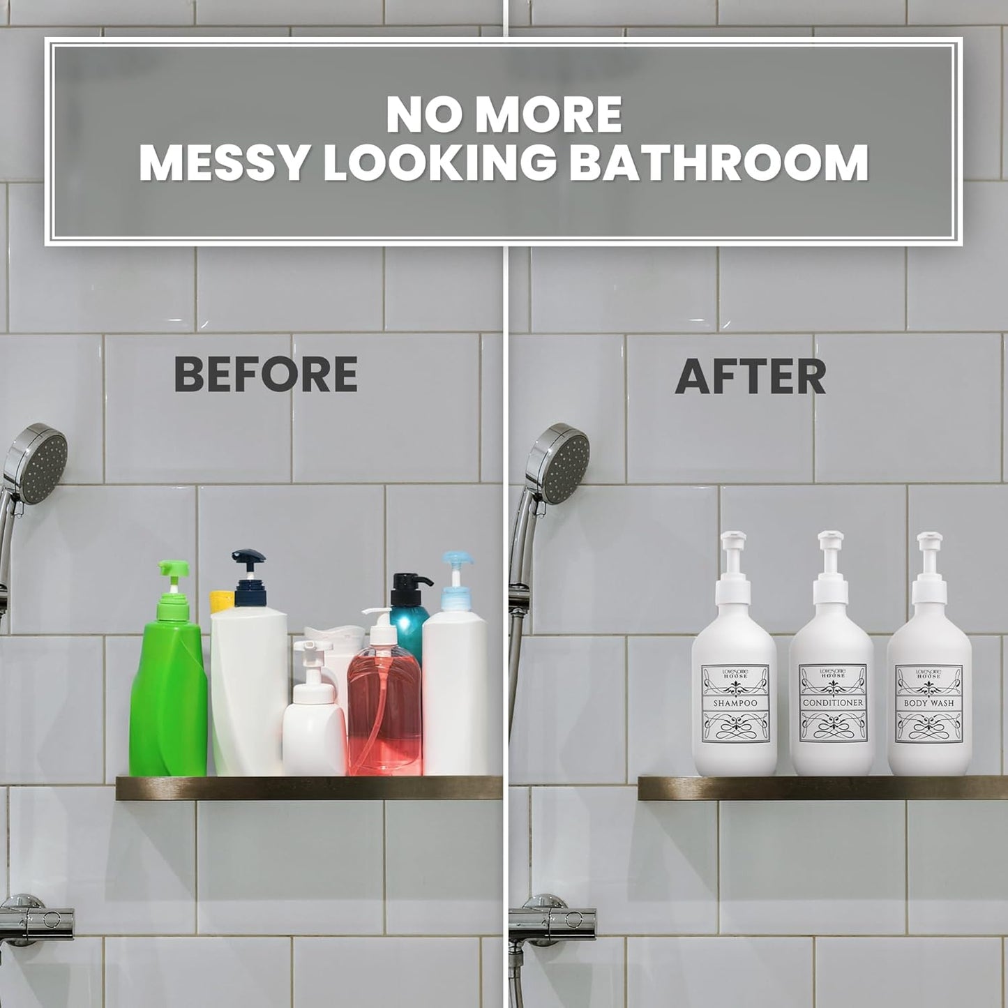 Refillable Shampoo and Conditioner Bottles - Stylish Shampoo and Conditioner Dispenser Bottles Set of 3-16 oz Empty Shower Soap Dispenser - Latest Bathroom Organization Solution