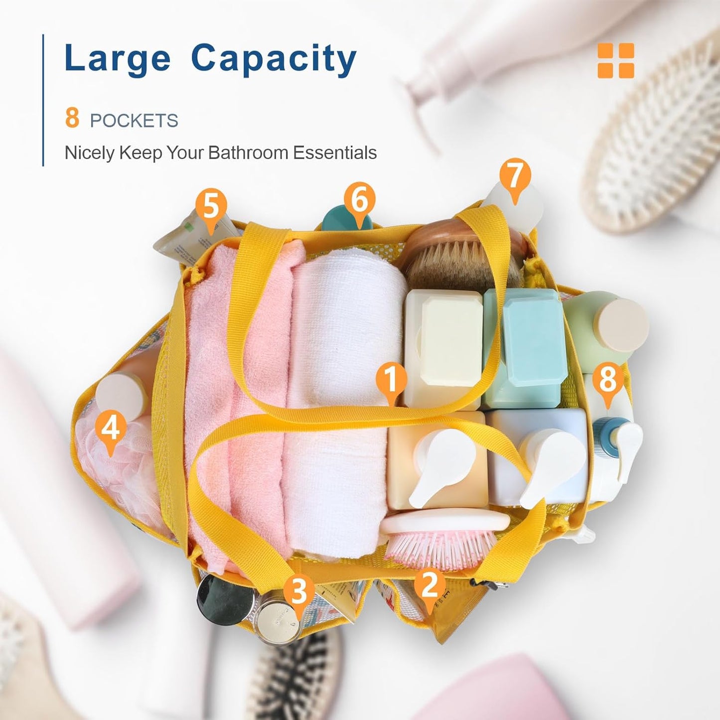 F-color Shower Caddy Portable - Mesh Shower Bag Basket Tote for College Dorm Room Essentials Bathroom Gym Camp Quick Dry for Women Men with S Hook, Yellow Beach