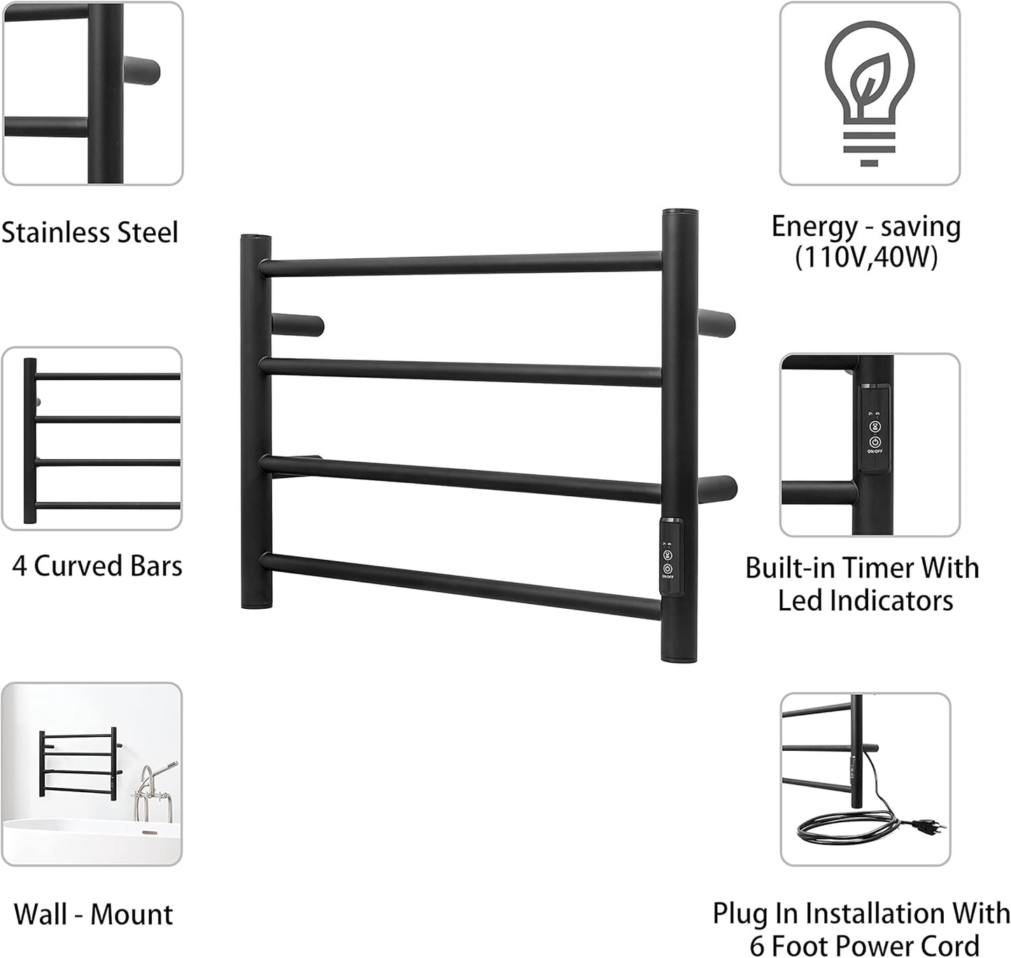 KEG Towel Warmer Wall Mounted with Built-in Timer 4 Bars Electric Stainless Steel Heated Towel Racks for Bathroom, Hot Plug-in Bath Towel Heater Matte Black