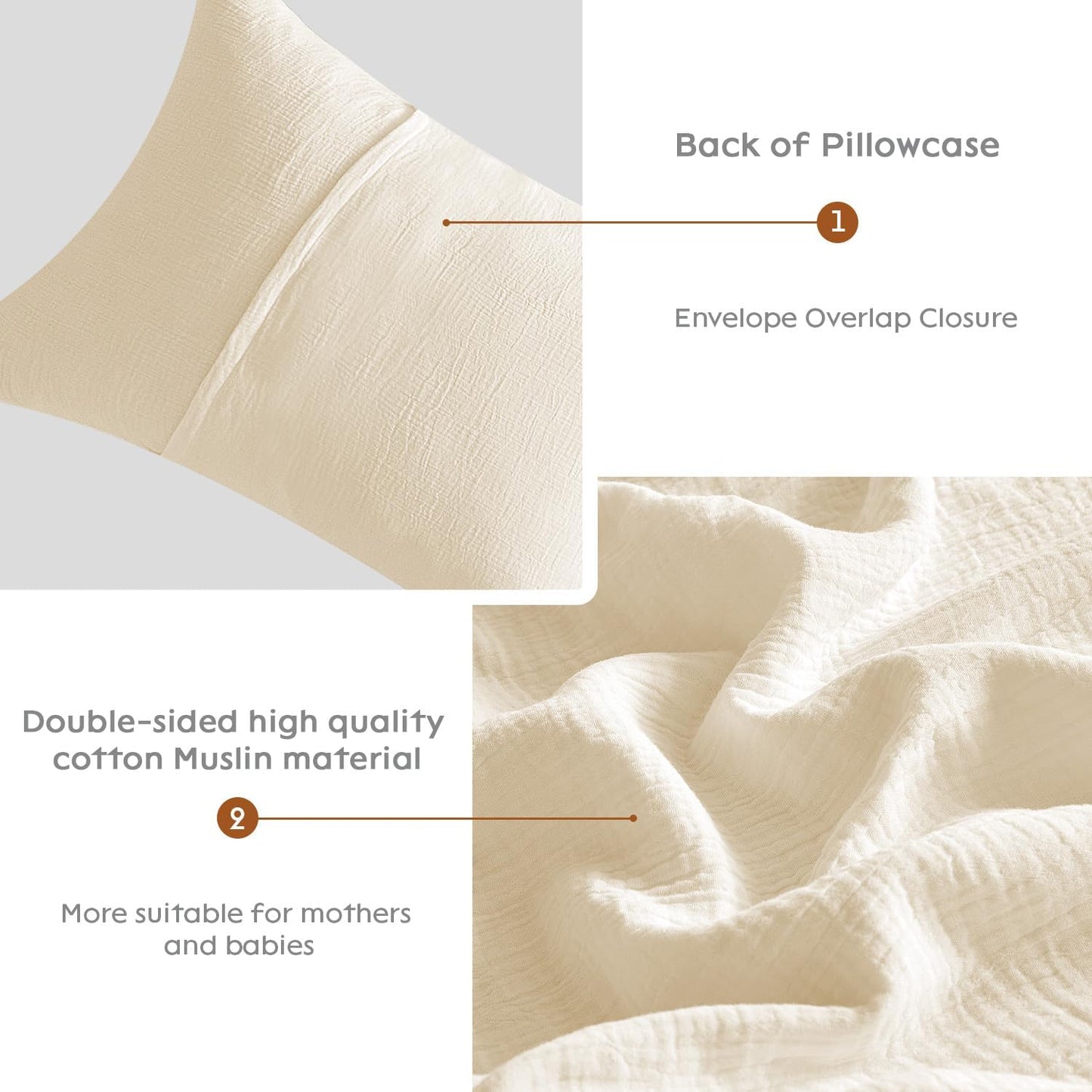 SE SOFTEXLY Muslin Pillowcases King Size 100% Cotton, 2 Pack Linen Like Pillow Shams with Envelope Closure, Ultral Soft and Breathable Pillow Case Covers, Off-White, 20" X 36", No Filling