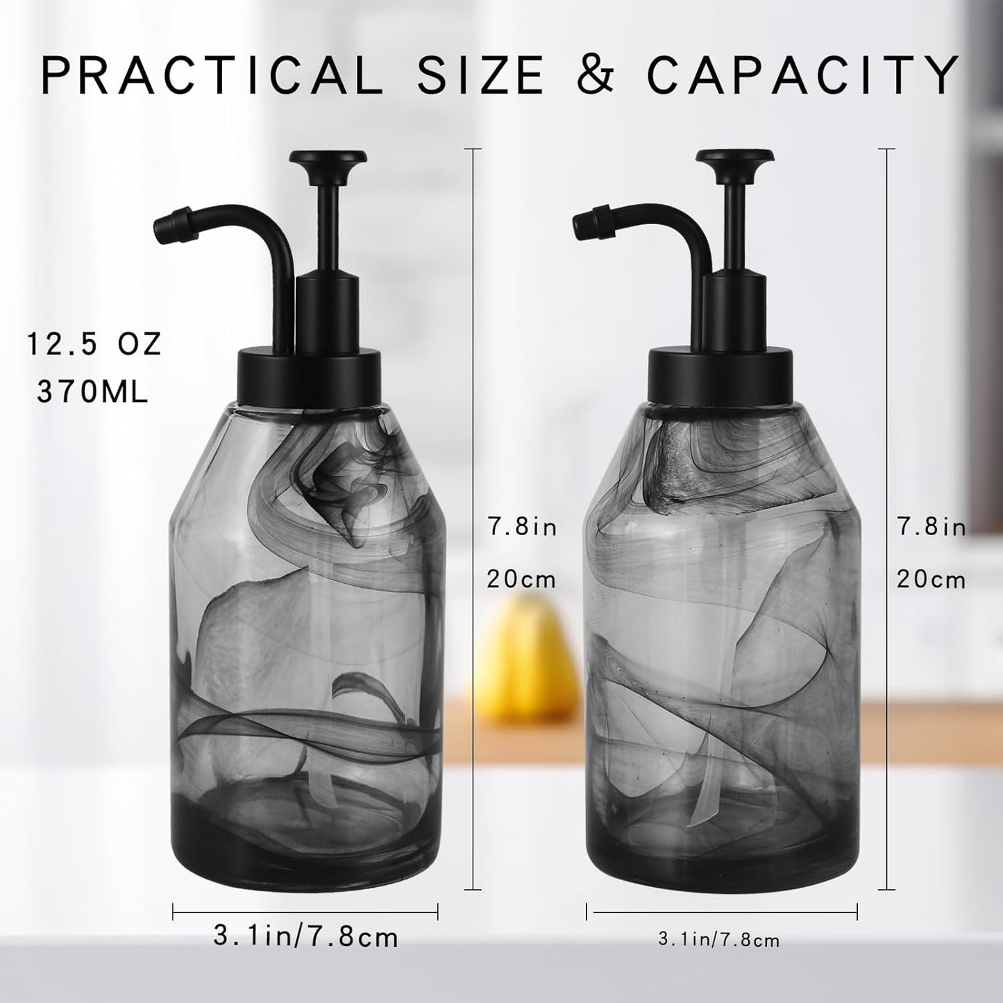 Bathroom Glass Soap Dispenser Set, 2 Pack 12.5 Oz Unique 3D Black Smog Thick Glass Hand Soap Bottle with Smooth Action Rust-Free ABS Pump, Kitchen Dish Soap Dispenser (Black)