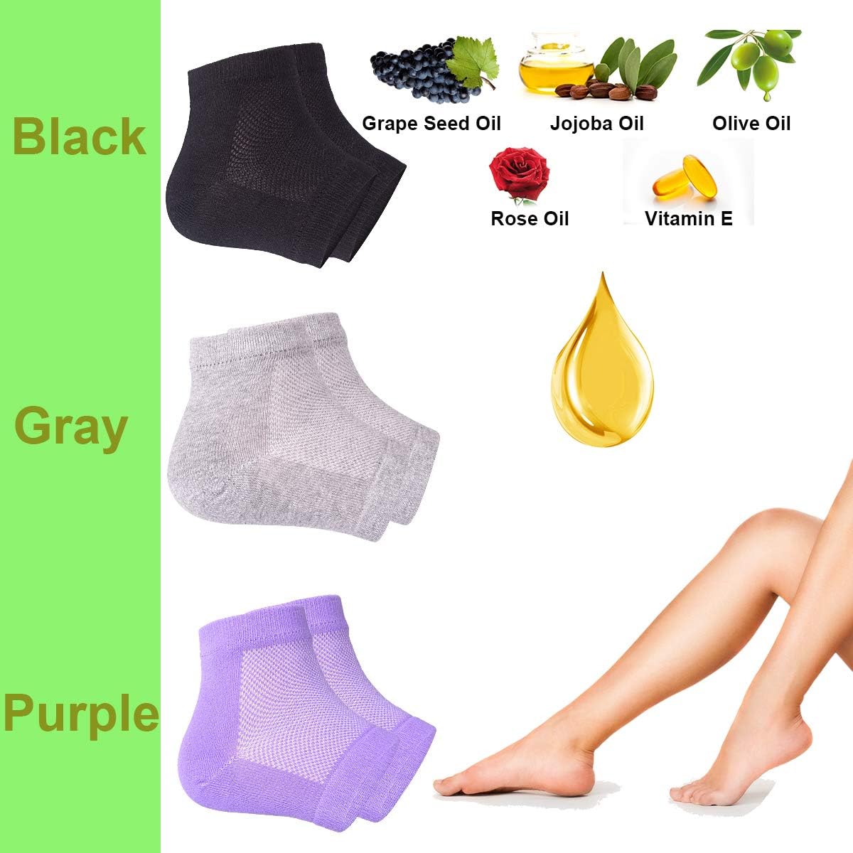 Vented Moisturizing Gel Heel Socks, 3 Pairs Toeless Spa Sock for Foot Care Treatment, Cracked Heels, Dry Feet, Foot Calluses (Black)