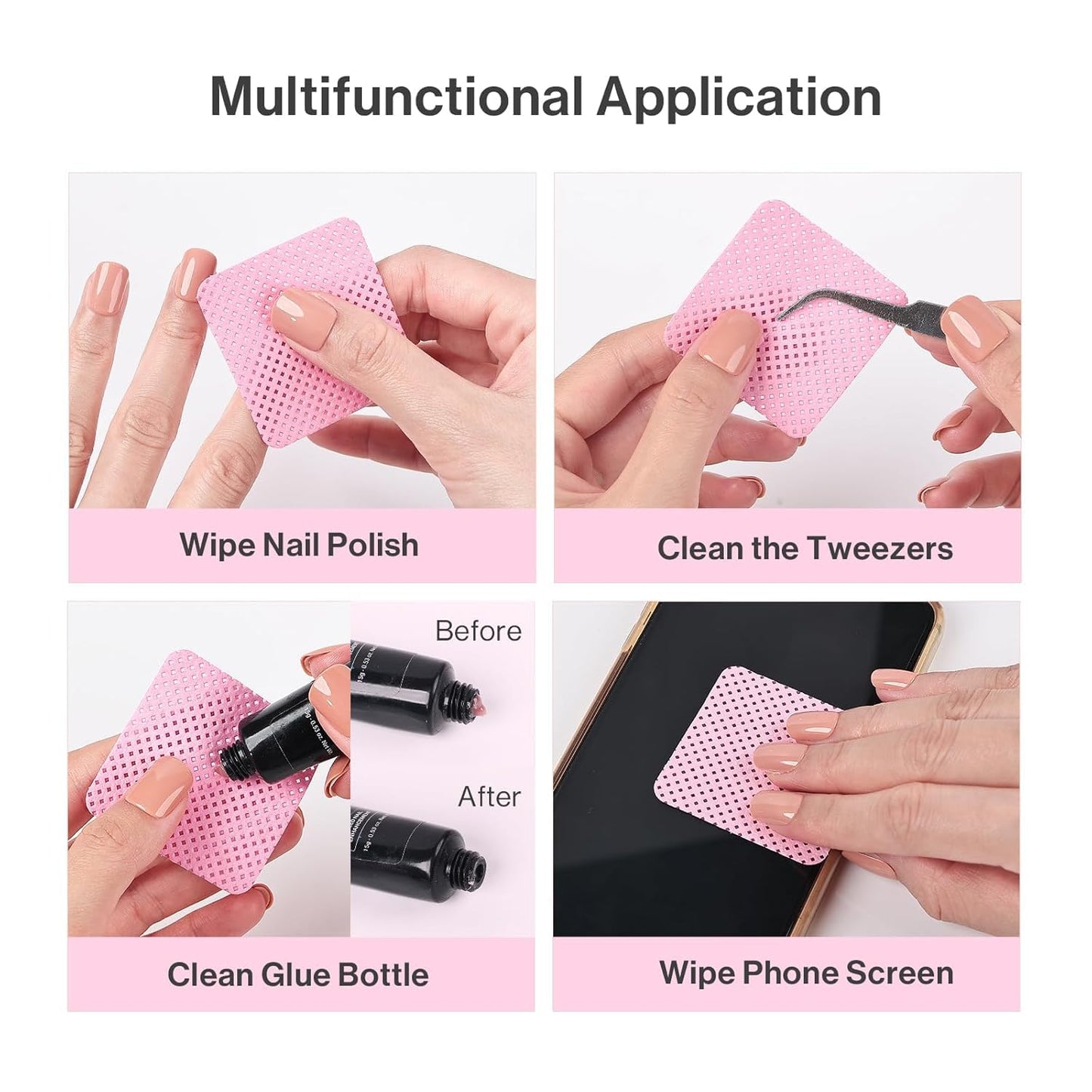 MelodySusie 600Pcs Lint Free Nail Pink Wipes Super Absorbent Soft Non-Woven for Fingernail Polish Remover and Eyelash Extension Wipes for Nail Art