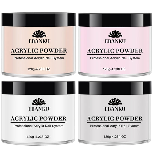 EBANKU 4 Colors Acrylic Powder Set Nude Pink White Clear Acrylic Nail Powder Acrylic Powder for Acrylic Nail Extension Nail Carving, Long-Lasting, No Nail Lamp Needed, Large Capacity 4.23oz*4