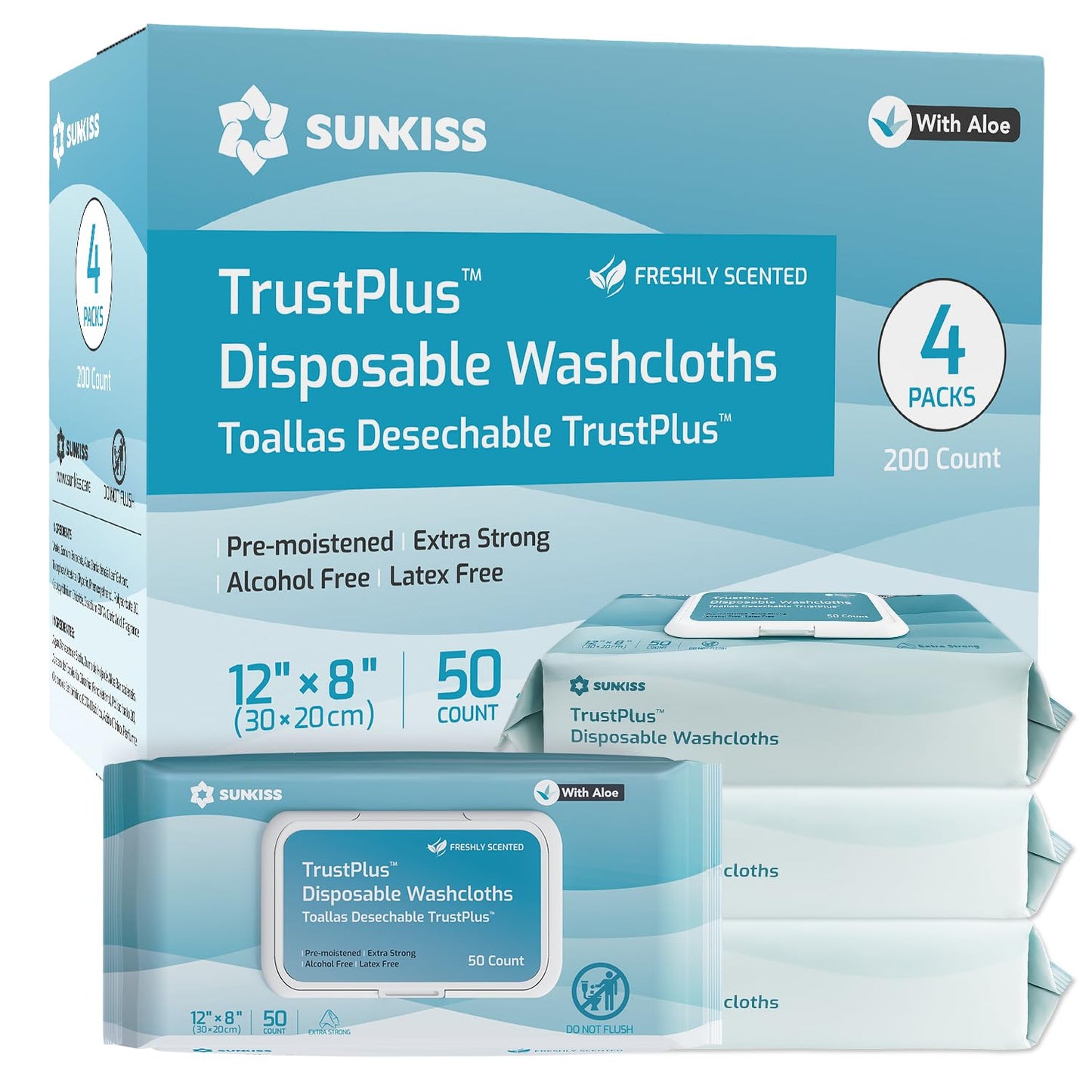 SUNKISS Trustplus Wet Wipes for Adult No Rinse, Extra Large 8”x12” Body Cleaning Washcloths for Elderly Incontinence & Cleansing, Fresh Scented, 200 Count (4 Packs of 50)