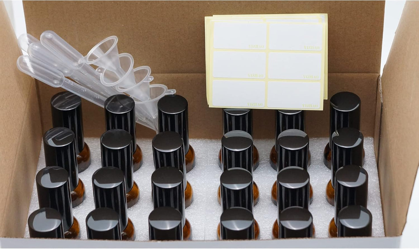 YIZHAO Amber Glass Spray Bottles 1oz, with Small Fine Mist Spray, Metal Cap, Refillable for Essential Oil,Travel,Cleaning,Perfume,Aromatherapy,Makeup – 24 Pcs