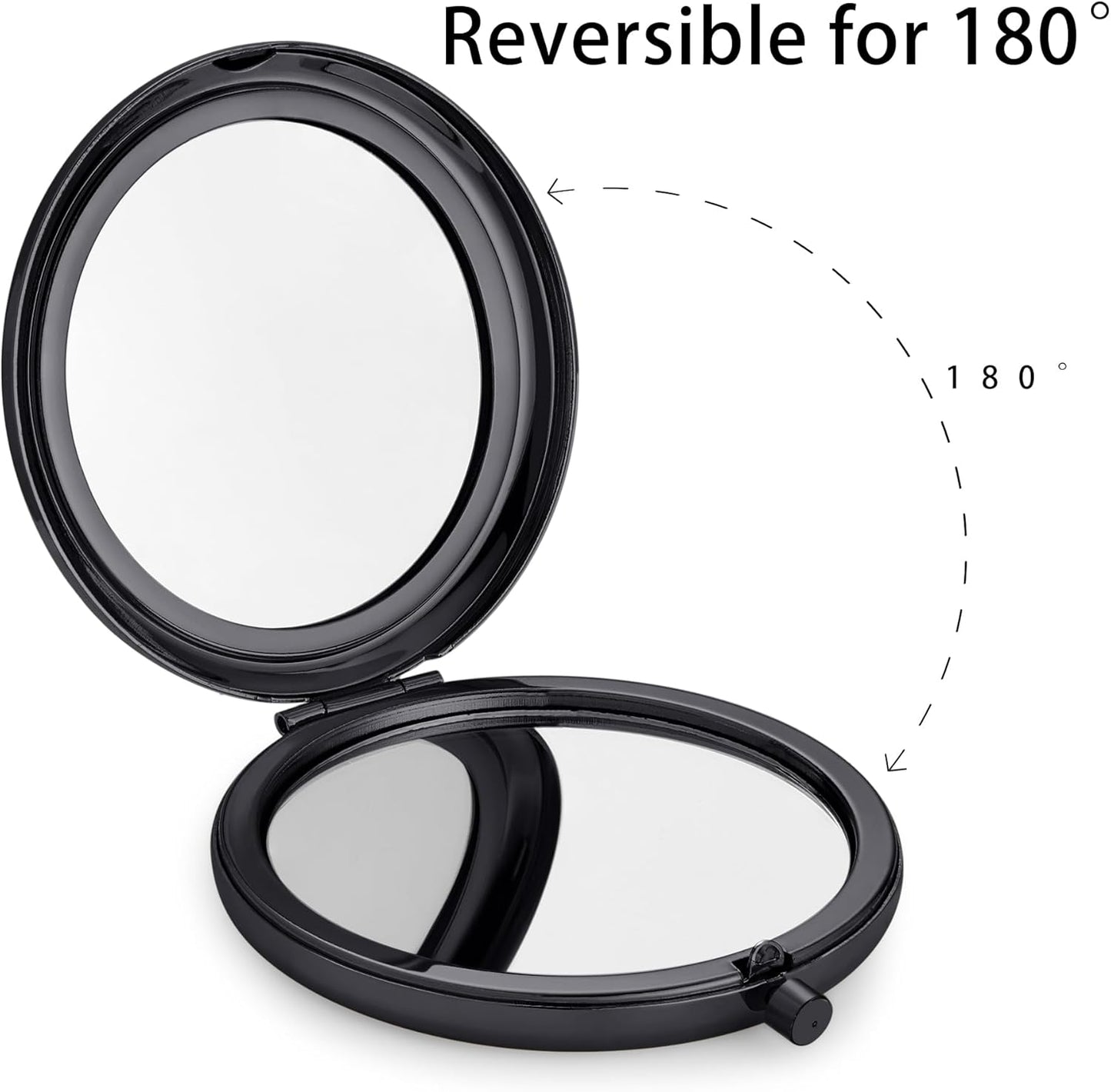 Compact Mirror, Pocket Travel Makeup Mirror for Purse, Metal Round Shell, 2-Sided 1X/2X Magnifying, Portable, Folding, Handheld, Black, 6 Pack