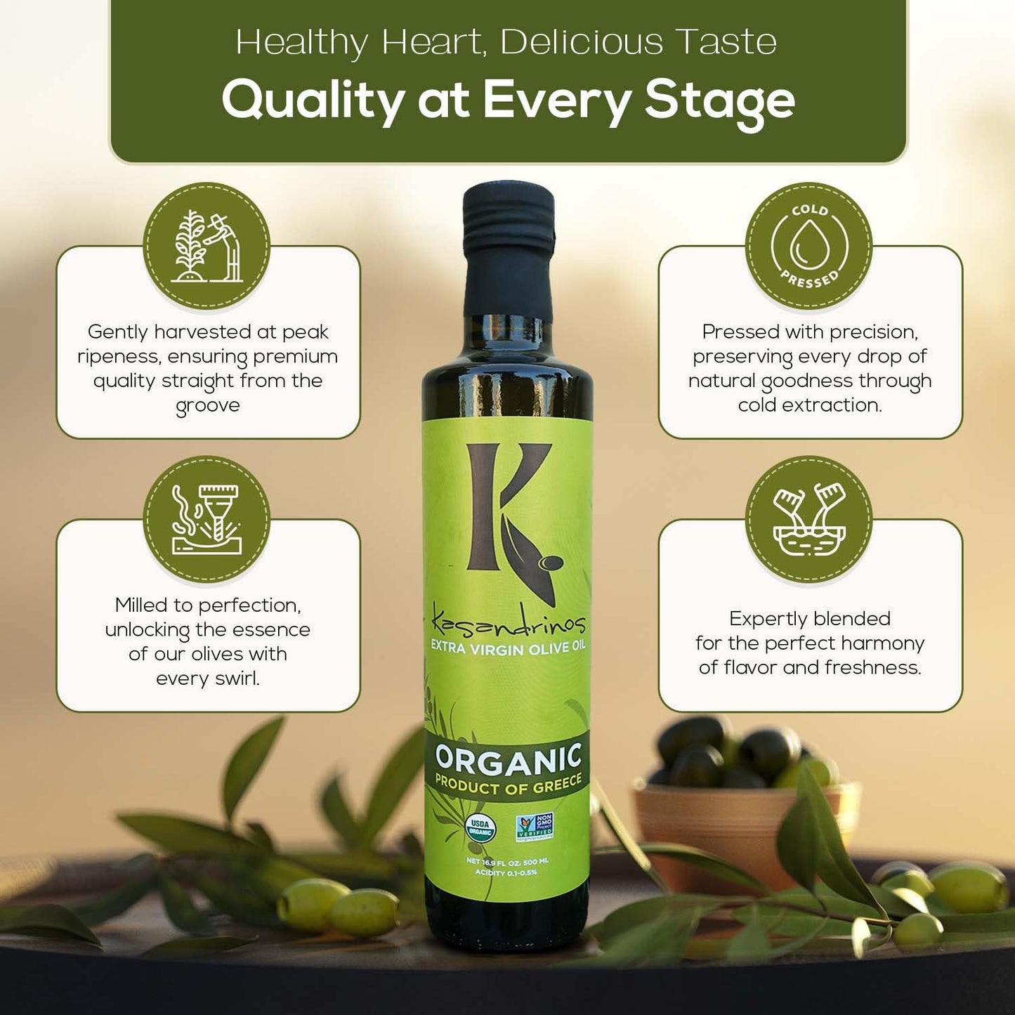 Kasandrinos Organic Olive Oil Extra Virgin, Polyphenol Rich Greek Olive Oil, 100% Organic First Cold Pressed, Mild + Delicate Flavor, Verified by Non GMO, 500 ml / 16.9 oz