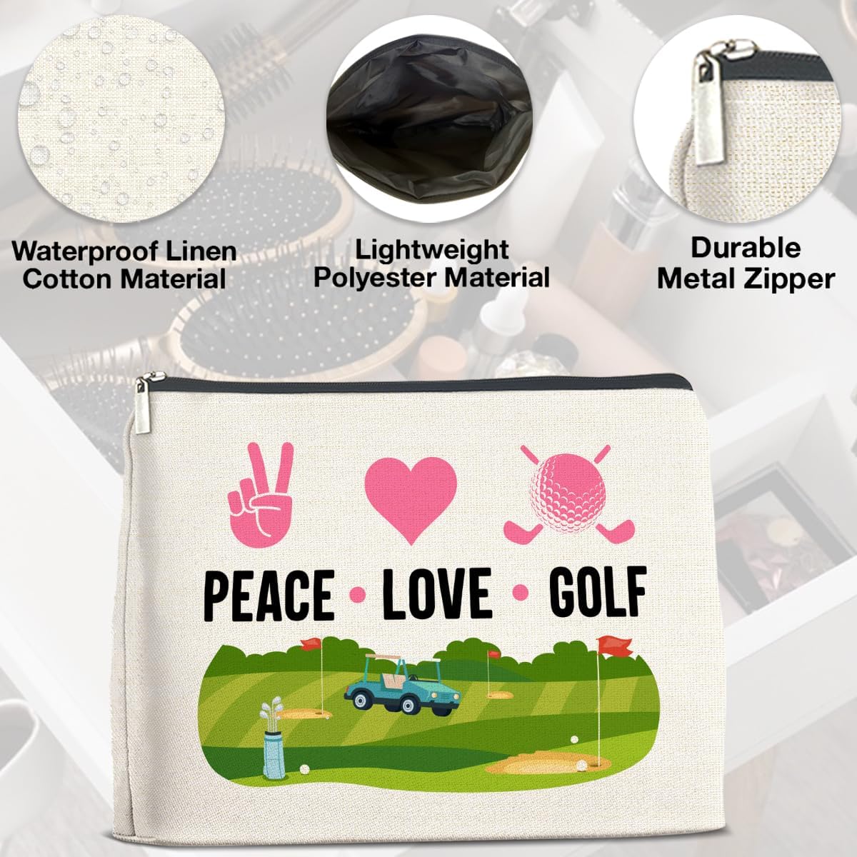 Golf Makeup Bag Gifts for Women Golfer Peace Love Golf Cosmetic Bag Zipper Pouch
