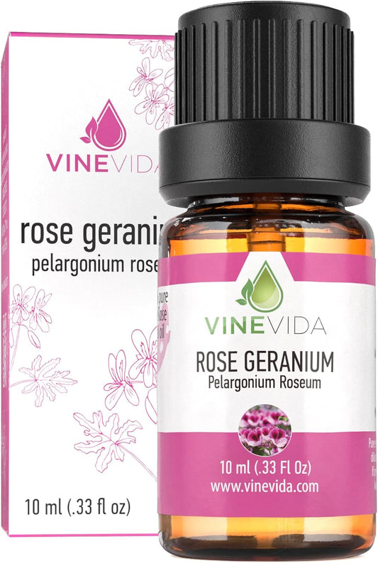 VINEVIDA Rose Geranium Essential Oil 10 mL - Undiluted Rose Geranium Oil 10 mL - Rose Geranium Candle Oil Scent - DIY Candle Scents for Candlemaking - 10 mL Essential Oil for Soap Making Safe for Skin