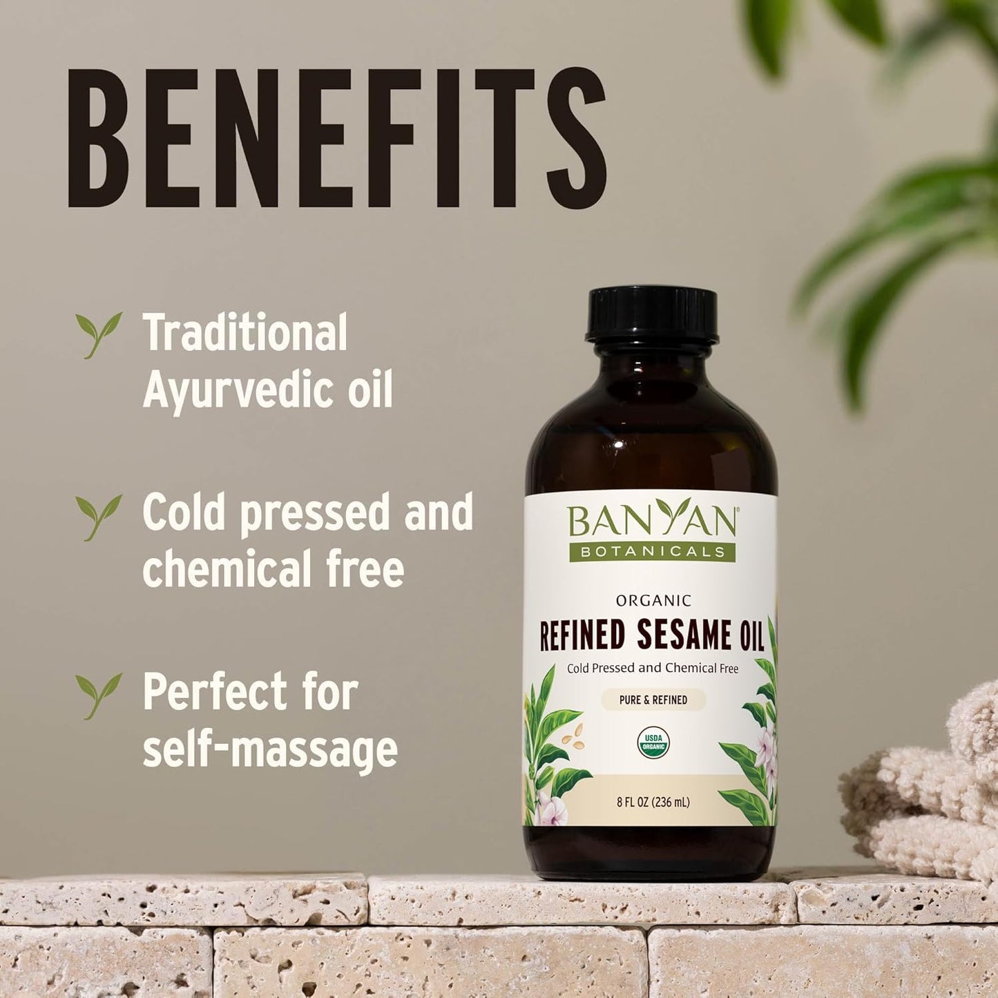 Banyan Botanicals Refined Sesame Oil – Organic Sesame Oil for Skin, Body, Hair & More – Multiple Sizes – 24 oz – Non GMO Sustainably Sourced Vegan