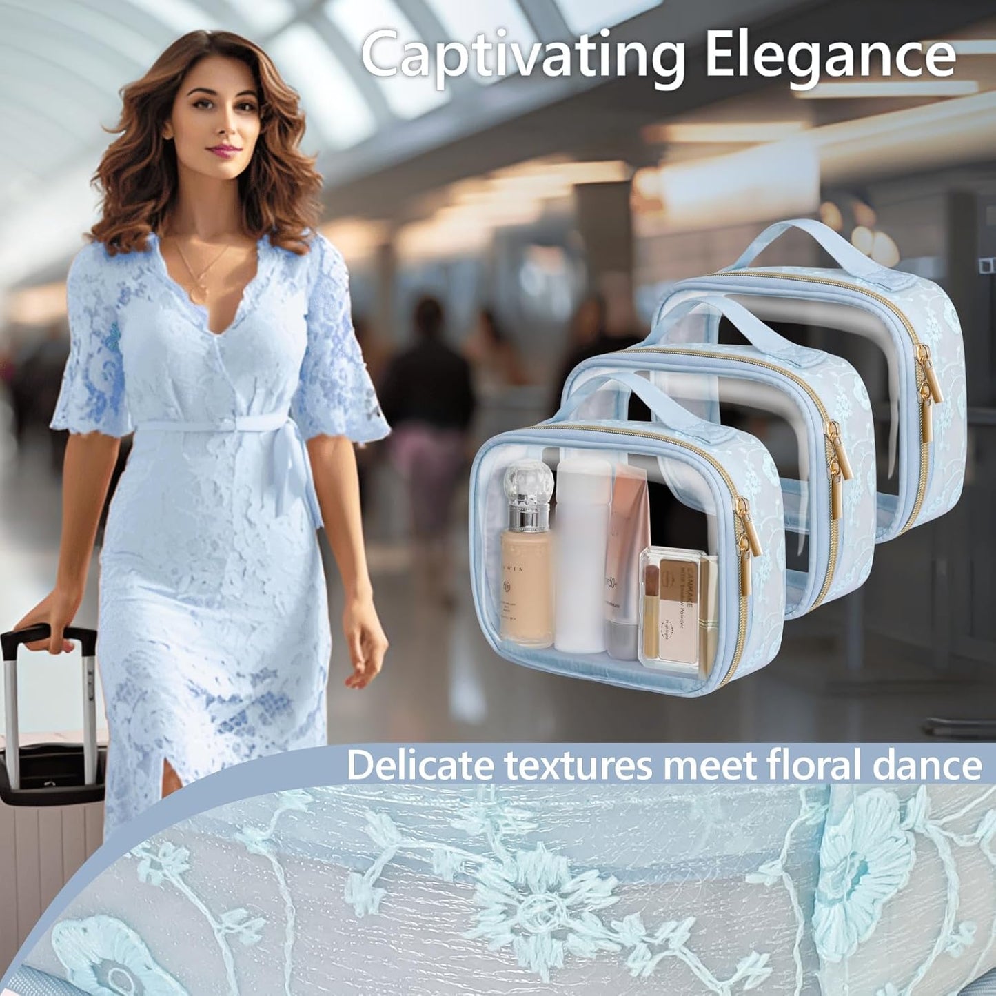 PACKISM TSA Approved Toiletry Bag - Floral Texture Lace Clear Makeup Bags, Ease of Clamshell Closing, Handles and Double Zippers, 0.5 mm Thicker Clear Toiletry Bags, Good for Travel, Blue
