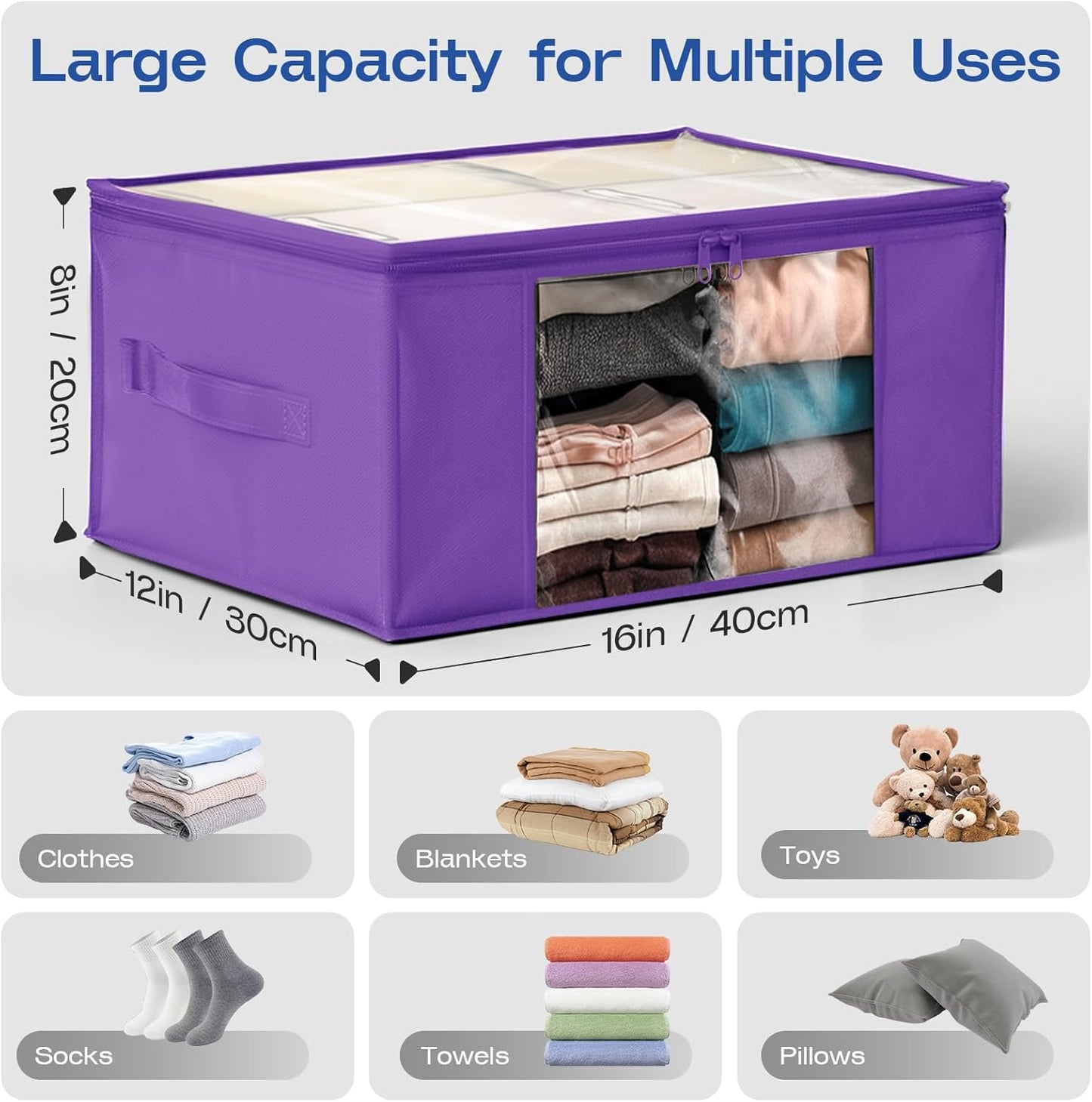 Clothes Storage Bags, Foldable Thick Fabric Blanket Storage Bags, Large Clear Window & Carry Handles, Great for Clothes, Blankets, Closets, Pillows, Toys (Purple, 6PACK)