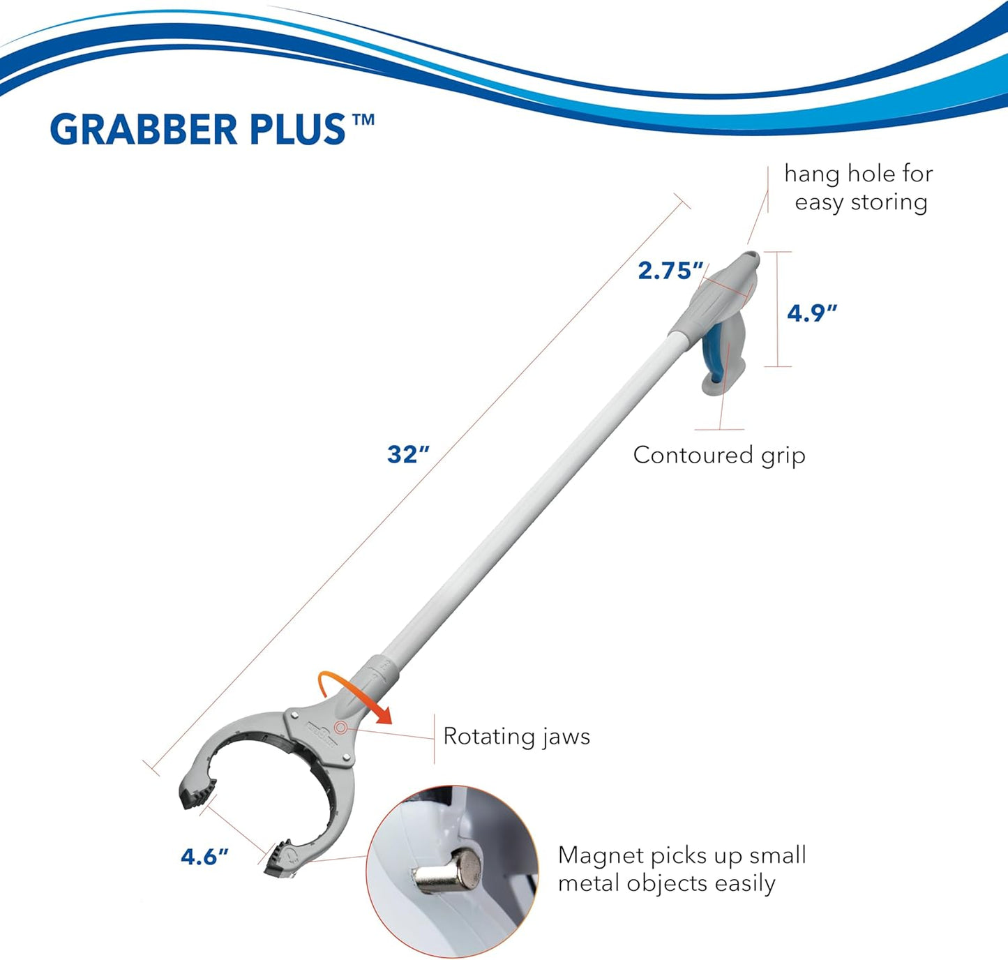 Unger 32” Grabber Plus Reacher Tool and Trash Picker Upper, Built-In Magnet and Economic Grip, Claw Pickup and Yard Clean Up, Reaching Assist for Seniors, Safely Perform Tasks