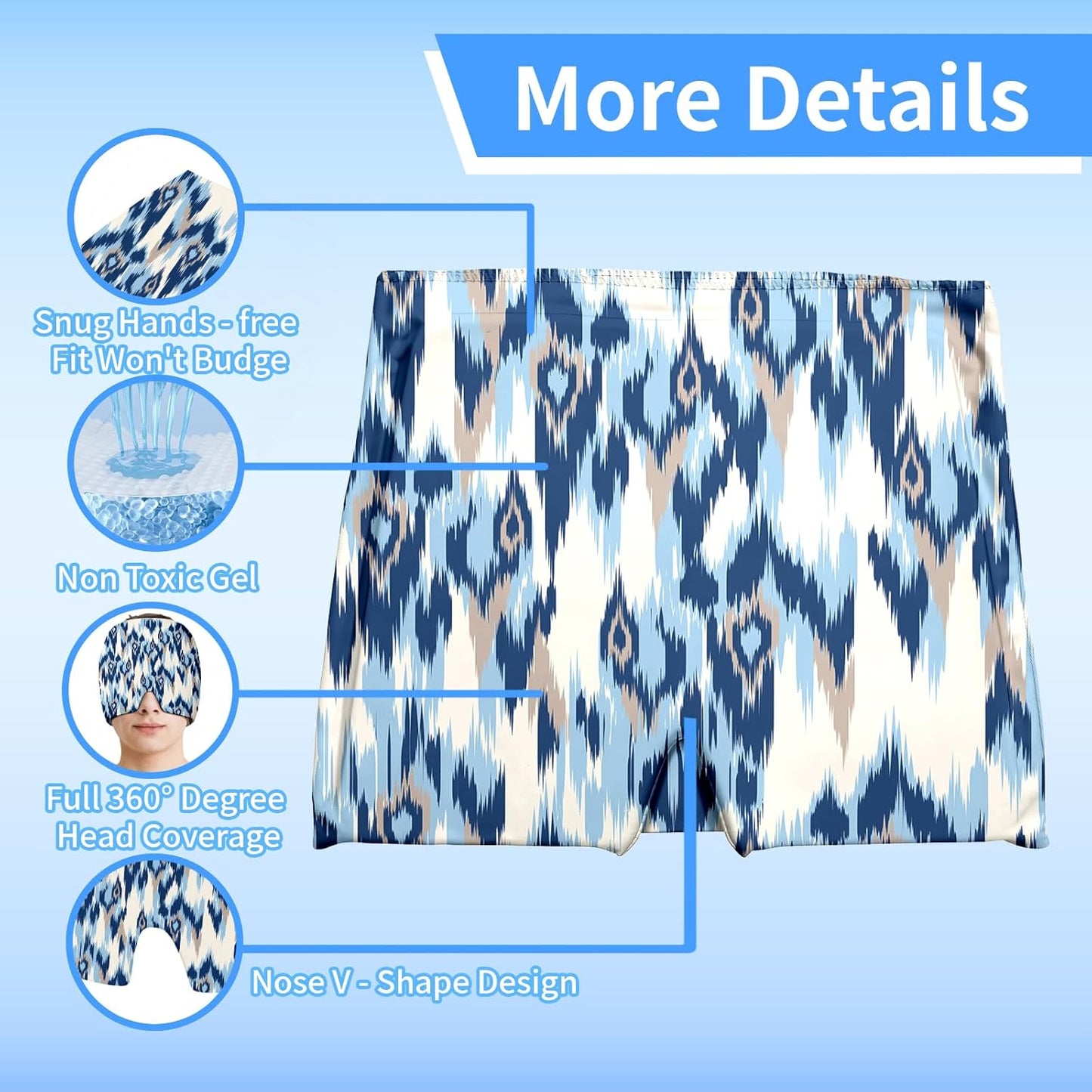 Migraine Relief Cap,Headache Relieve Cap,Bohemian Blue Texture Reusable Gel Ice Head Wrap Cap for Tension,Stress,Hangover & Puffy Eyes.
