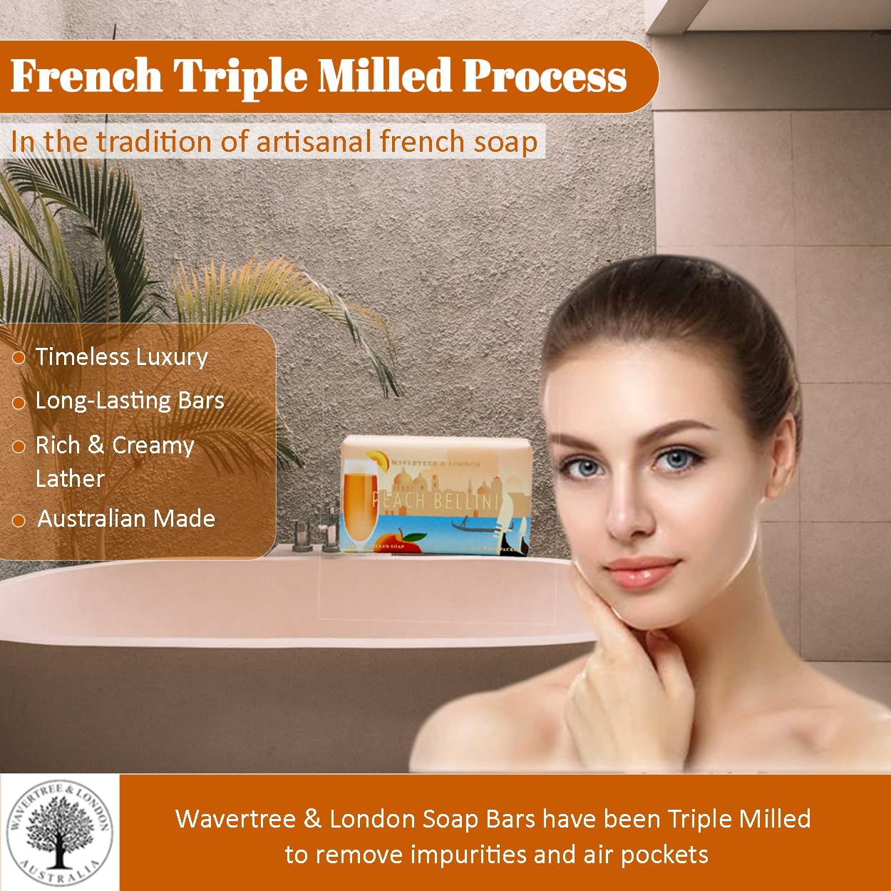 Wavertree & London Peach Bellini Scented Natural Soap (8 Bars), 7oz Moisturizing French Triple Milled Soap Bars enriched with shea butter - Pure Plant Oil Bath & Body Bars for All Skin Types
