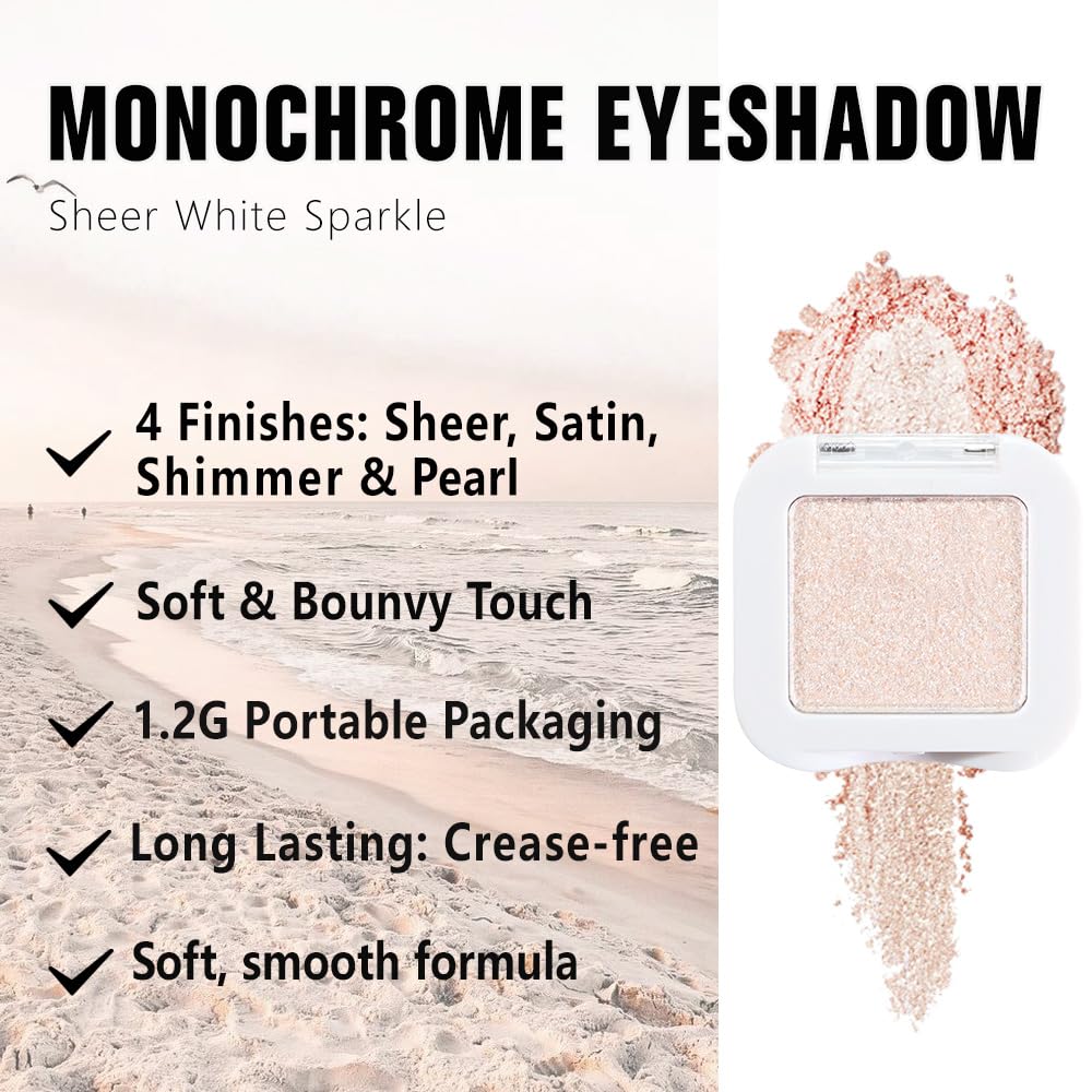 evpct Pear White Shimmer Single Eye shadow Palette Makeup for Older Women, Glitter Sparkly Pearl Shimmer Cream Eyeshadow Palette Brightener Make up, High Pigment Waterproof Monochrome Mini Eyeshadow