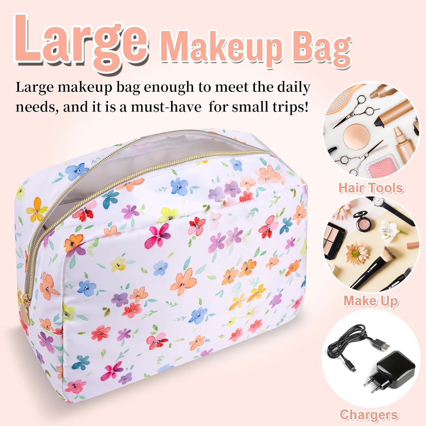 Nylon Large Floral Makeup Organizer Bag, Preppy Big Cute Flower Cosmetic Zipper Pouch Multi-compartment with Dividers, Waterproof Toiletry Makeup Brushes Bag Travel Essentials for Women(White-Flower)