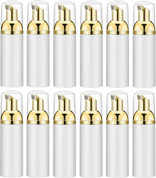 Lil Ray 2 Oz Empty White Foam Pump Bottle, Foamer Soap Dispenser for Lash Shampoo, Hand Soap, Foaming Cleaner(Gold Pump, 12 PCS)