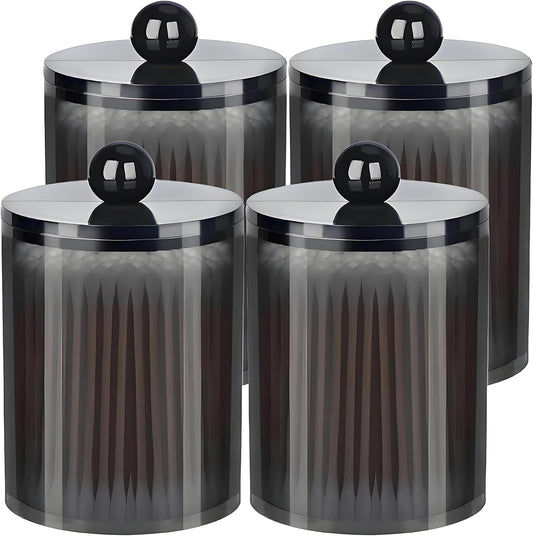 AXX Qtip Dispenser Apothecary Jars Bathroom - Qtip Holder Storage Canister Clear Plastic Jar for Cotton Swab,Q-Tips,Cotton Rounds (Black 4Pcs)