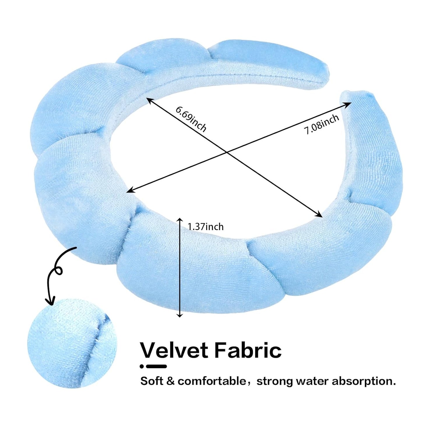 CAVETEE Spa Headband for Washing Face, Sink Care Headband for Women Sponge Bubble Makeup Head band for Women, Soft Velour Hair Accessoriesfor Girls (Blue, one size)