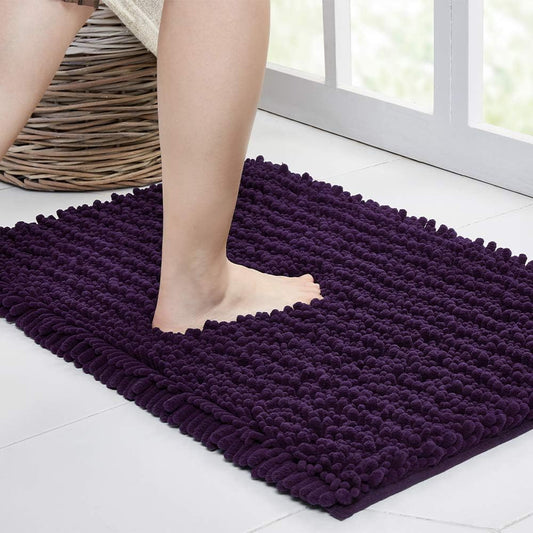 Walensee Bathroom Rug Non Slip Bath Mat (24x17 Inch Dark Purple) Water Absorbent Super Soft Shaggy Chenille Machine Washable Dry Extra Thick Perfect Absorbant Best Small Plush Carpet for Shower Floor