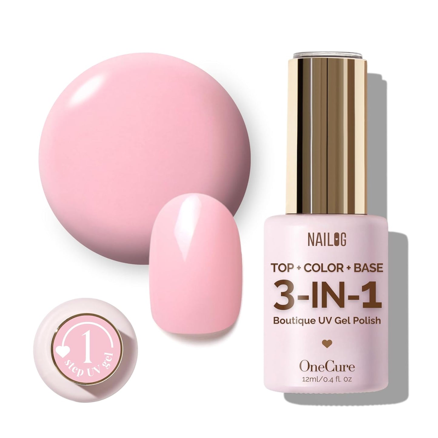 NAILOG One Step Pink Gel Nail Polish 12ml Top Coat Color Gel Base 3-In-1 Formula Soak Off UV Gel Polish for Home DIY & Gifting | Baby Pink